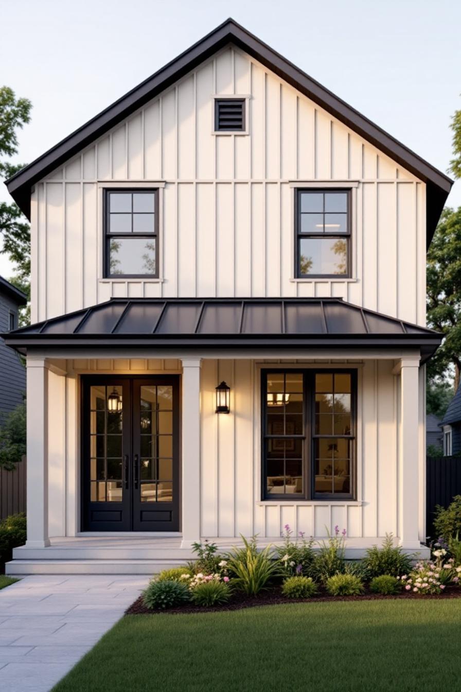 Charming white cottage with black trim and lush greenery