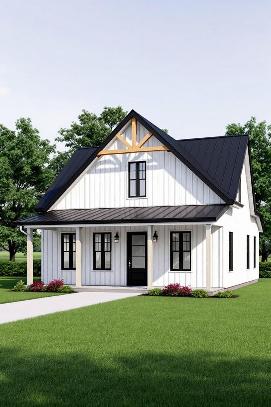 Charming white cottage with a black roof and a lush green lawn