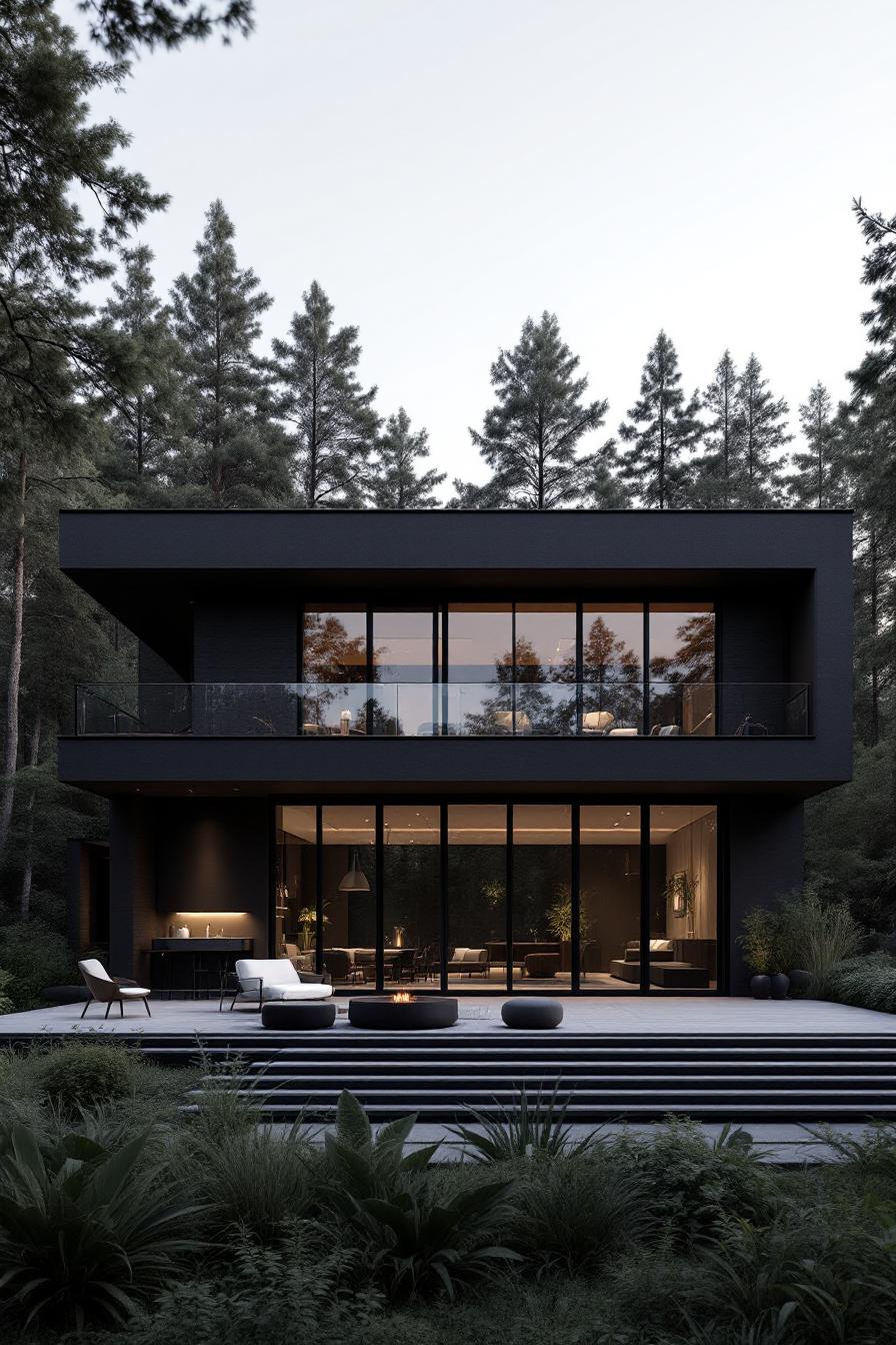 Sleek black house surrounded by trees, featuring large glass windows