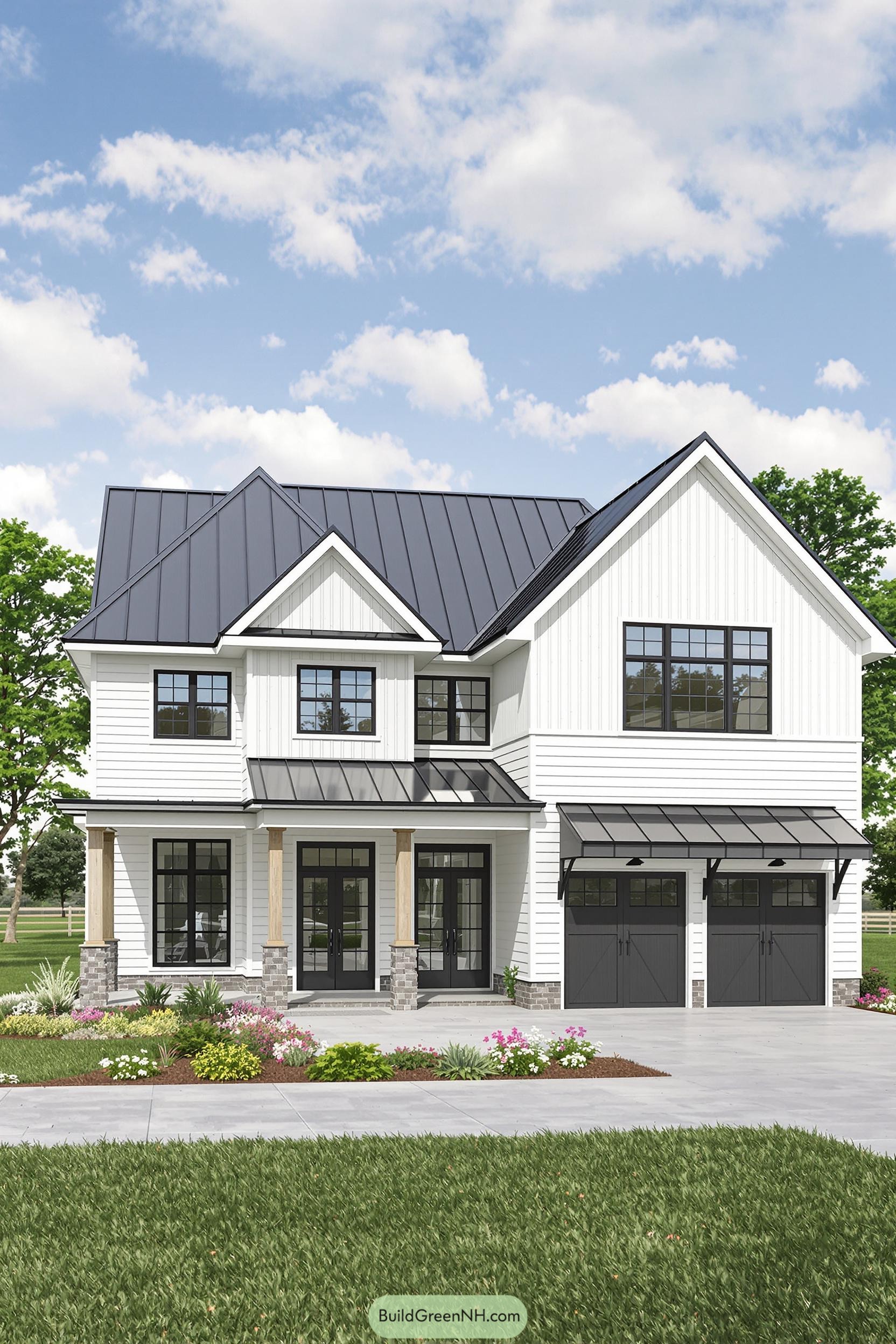 Charming two-story farmhouse with black roof