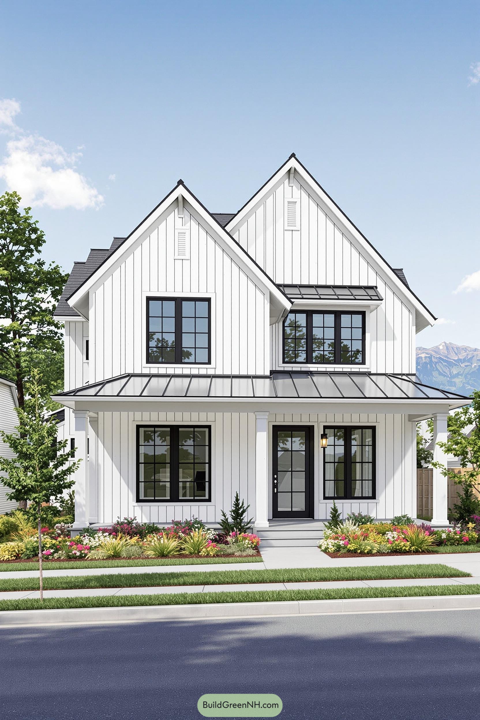 White farmhouse with dark window frames and porch