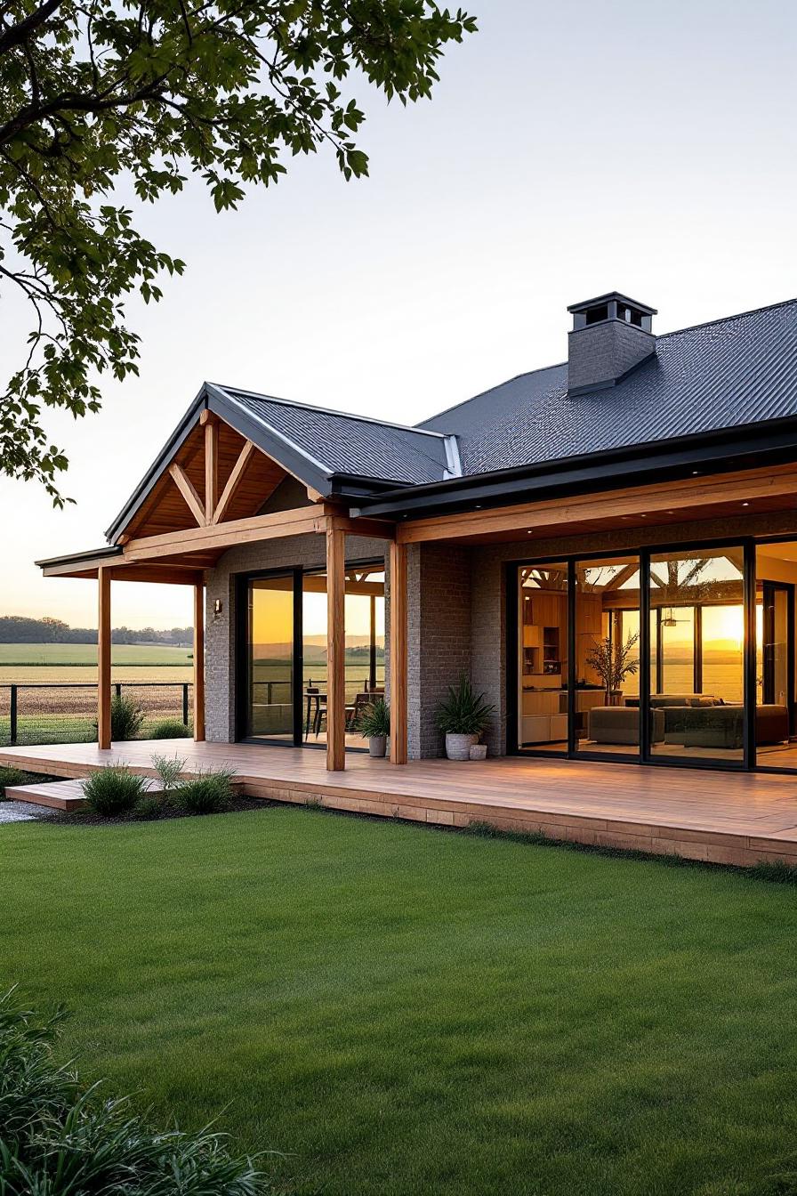 Charming country house with wooden deck at sunset