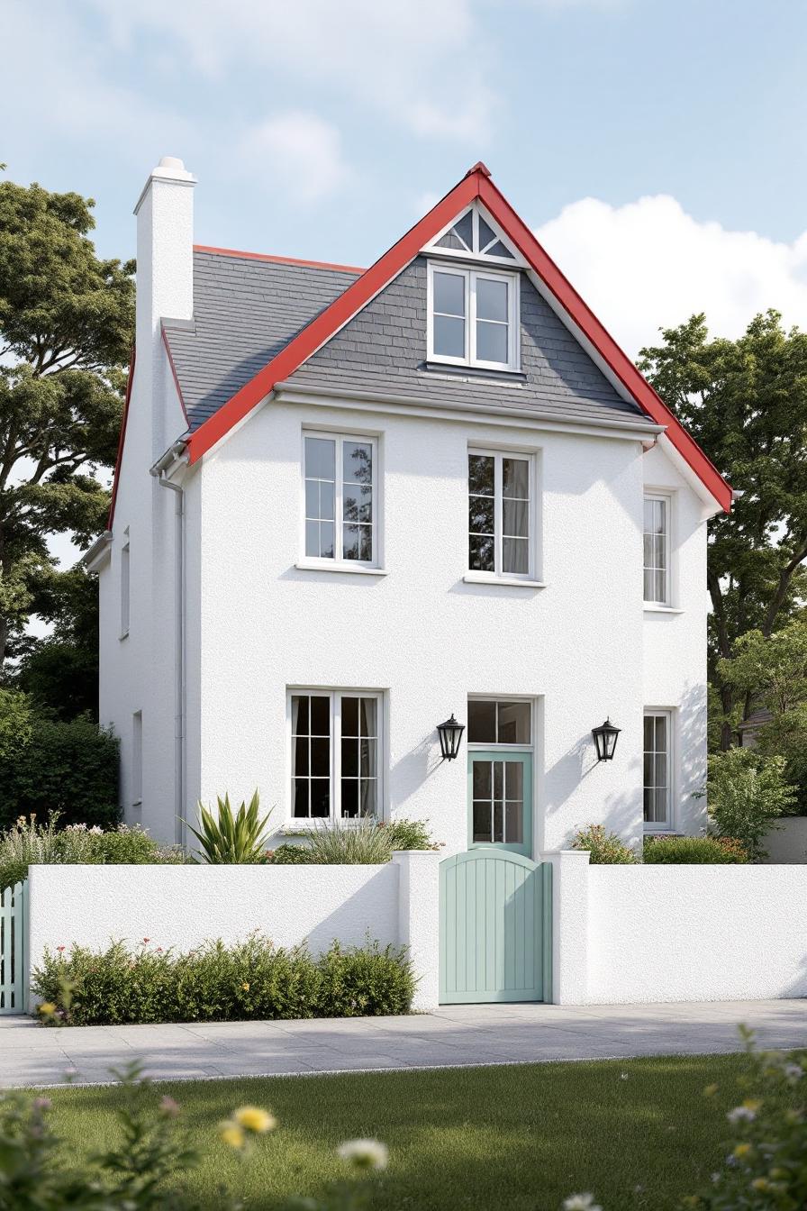 White cottage with a red roof surrounded by greenery