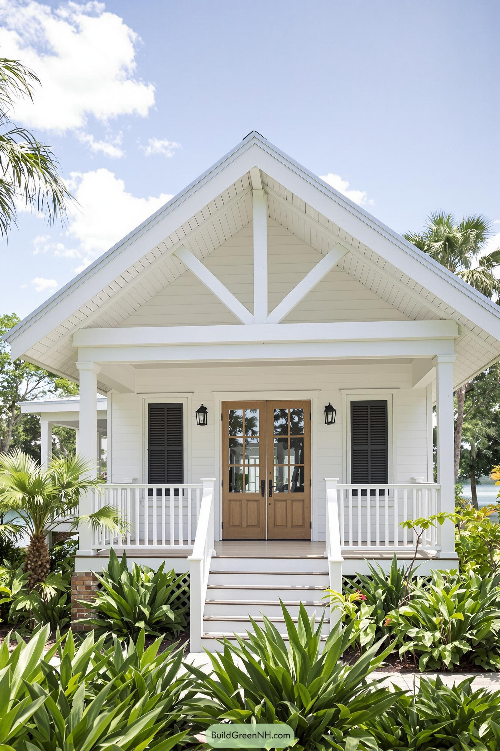 Front view of a white bungalow with wooden doors