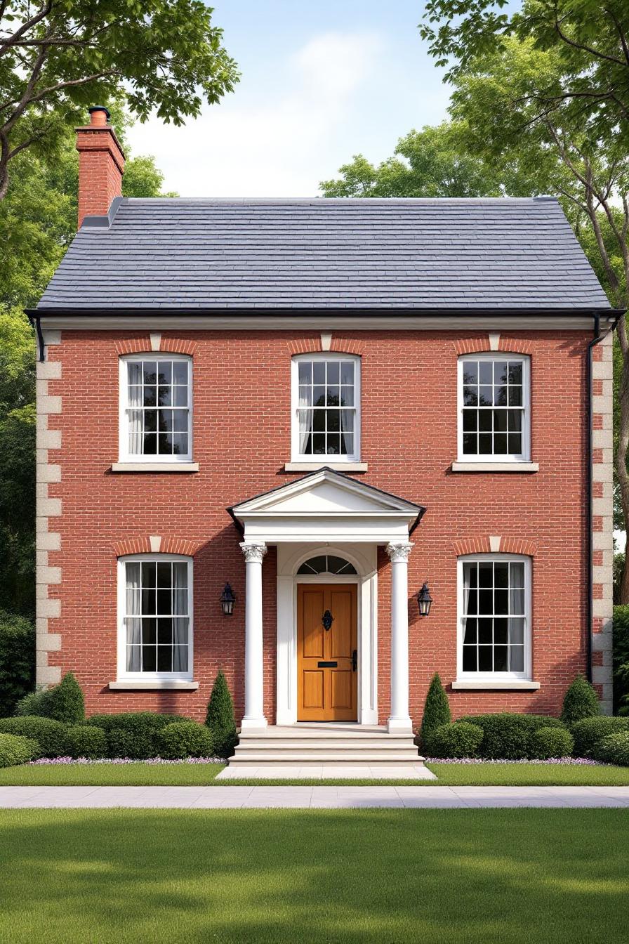 Red brick Georgian house with white columns and symmetrical windows