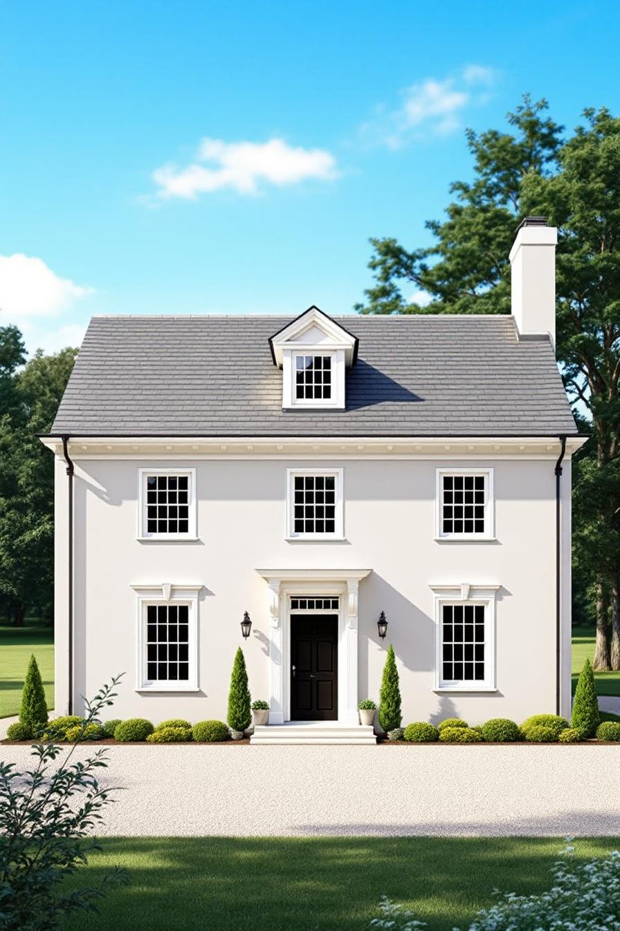 Elegant white farmhouse with dark roof and classic windows