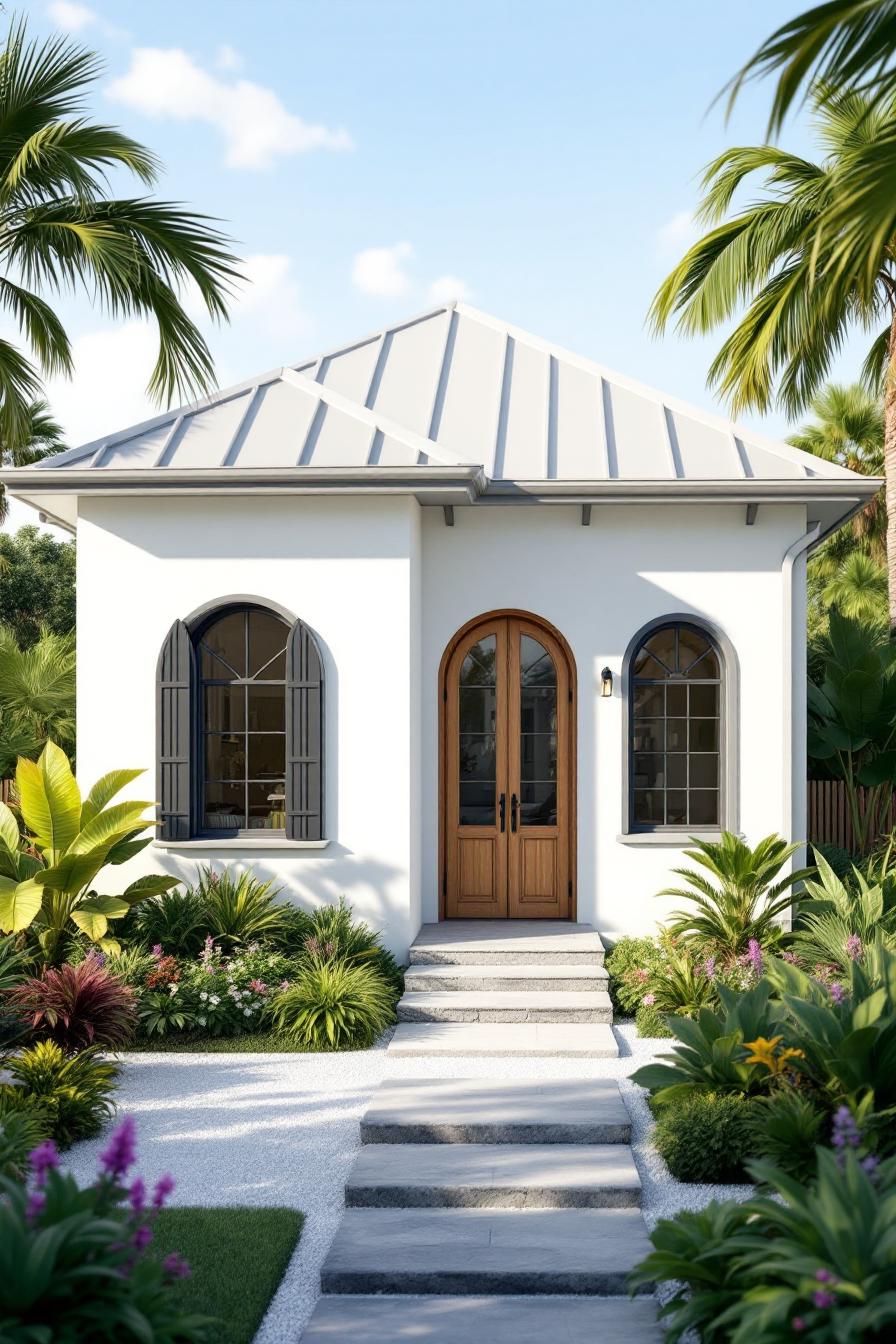 Cozy white cottage with tropical plants