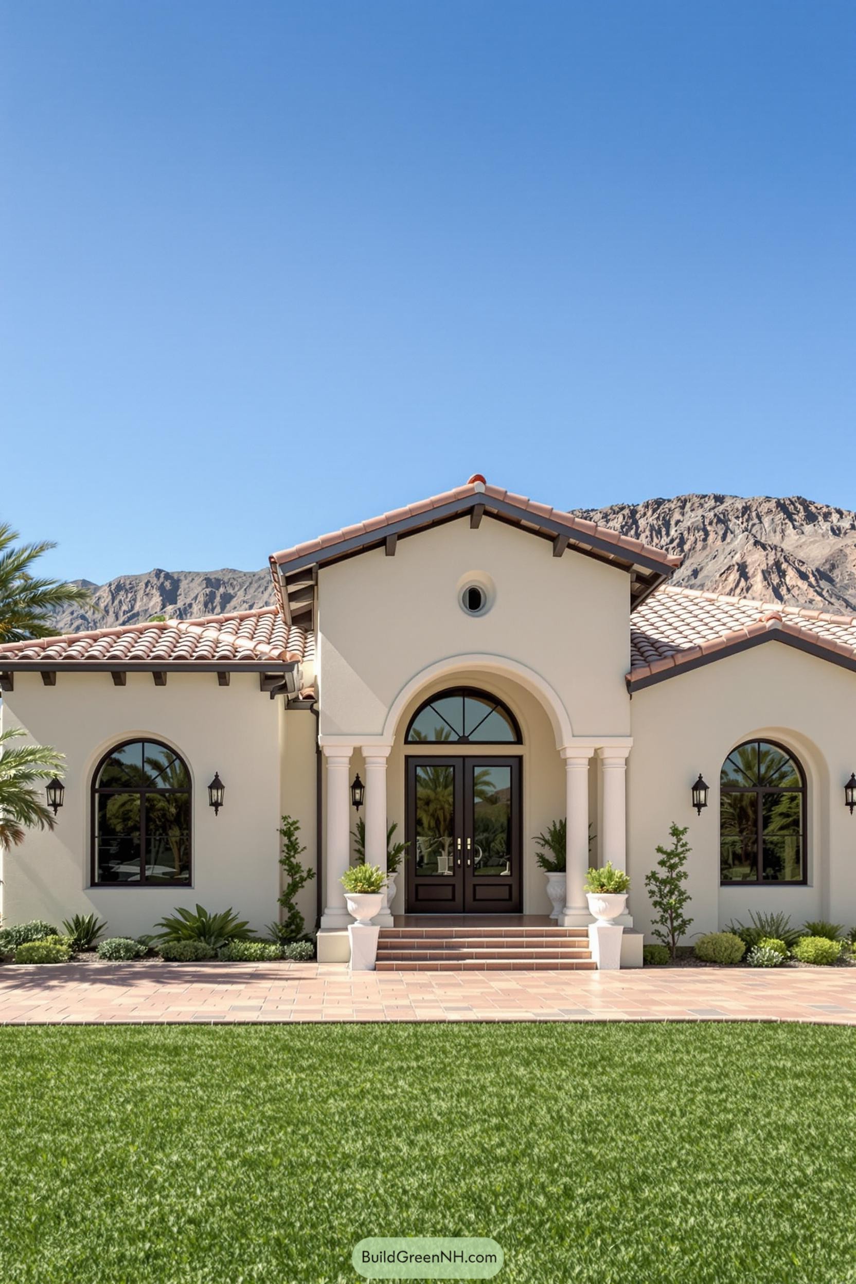 Front view of a Spanish Revival house with arched doorway and lush lawn
