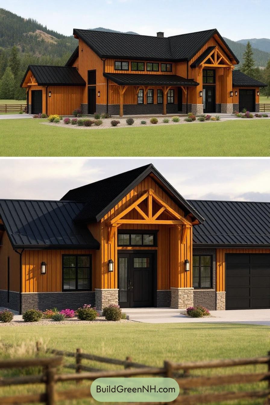 Wooden barndominium with black roof alongside green fields