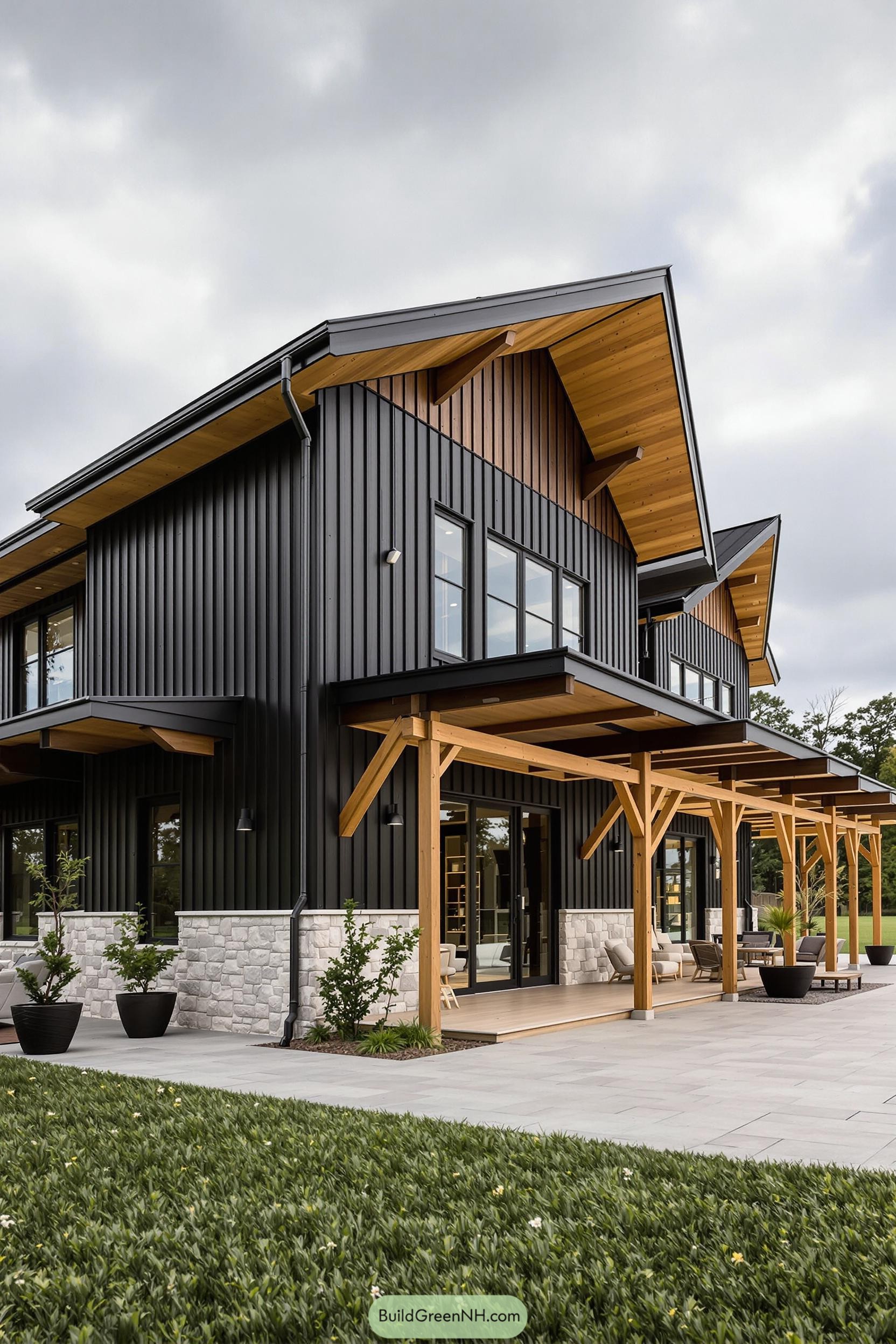 Modern black barndominium with wooden accents