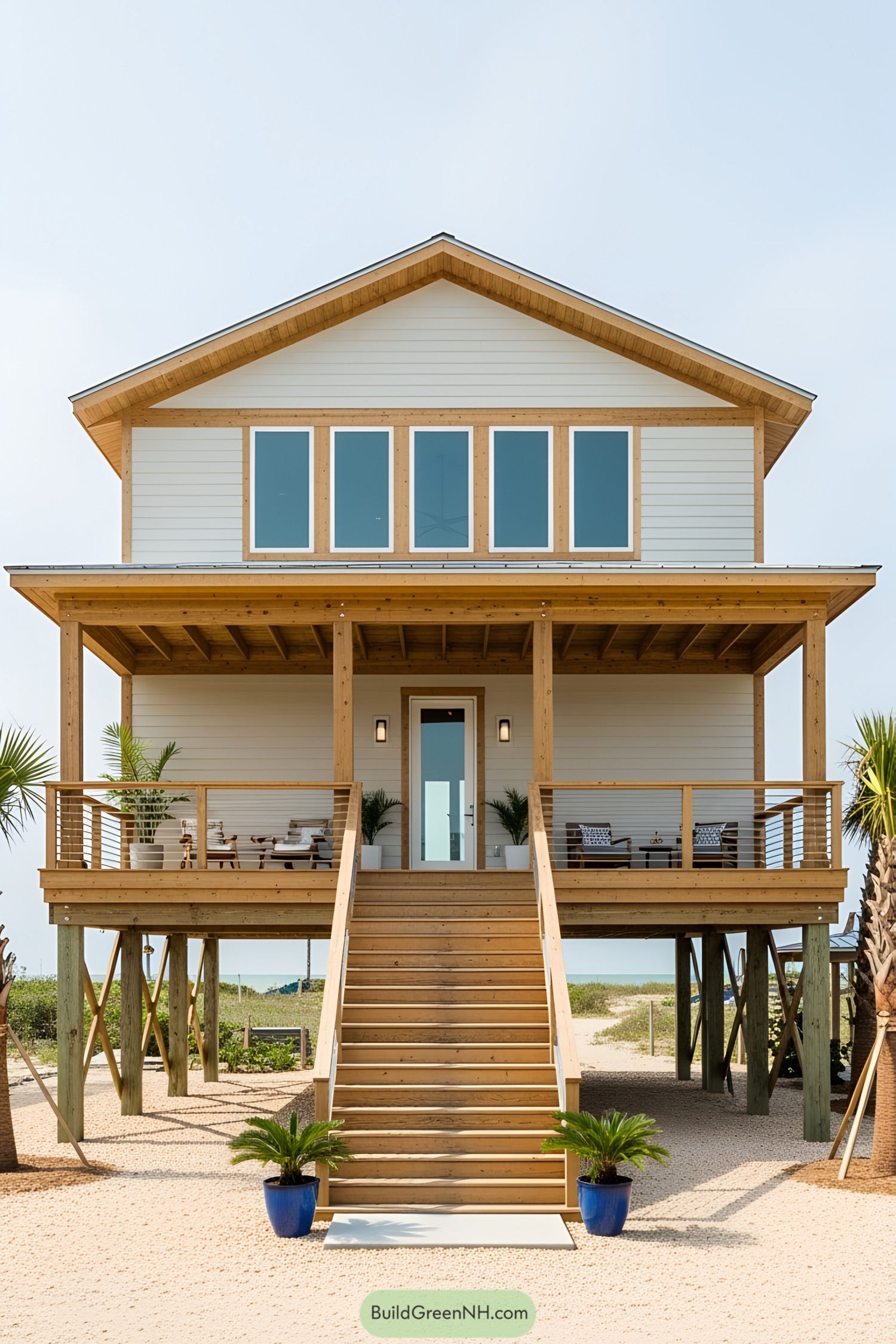 Stilted home with porch and blue sky