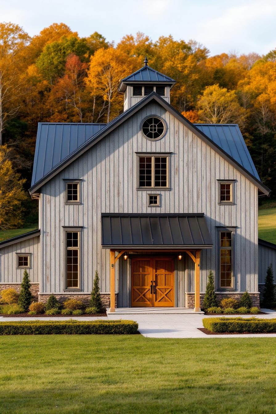 Wooden barn with autumn trees in the background