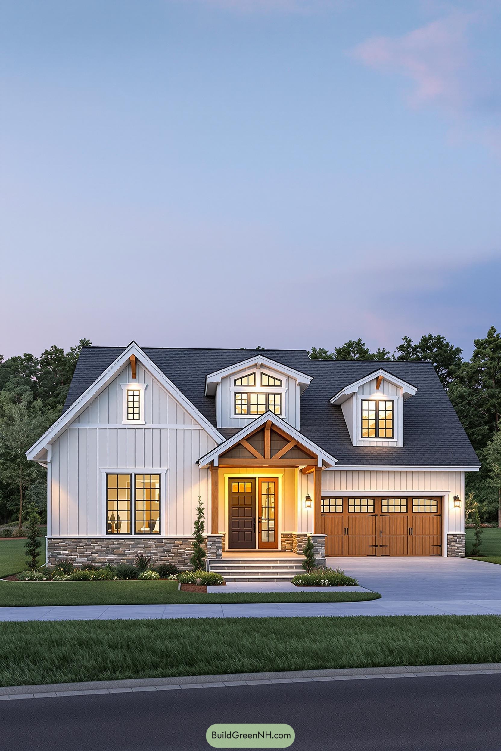 Cozy house with inviting entryway and dormer windows