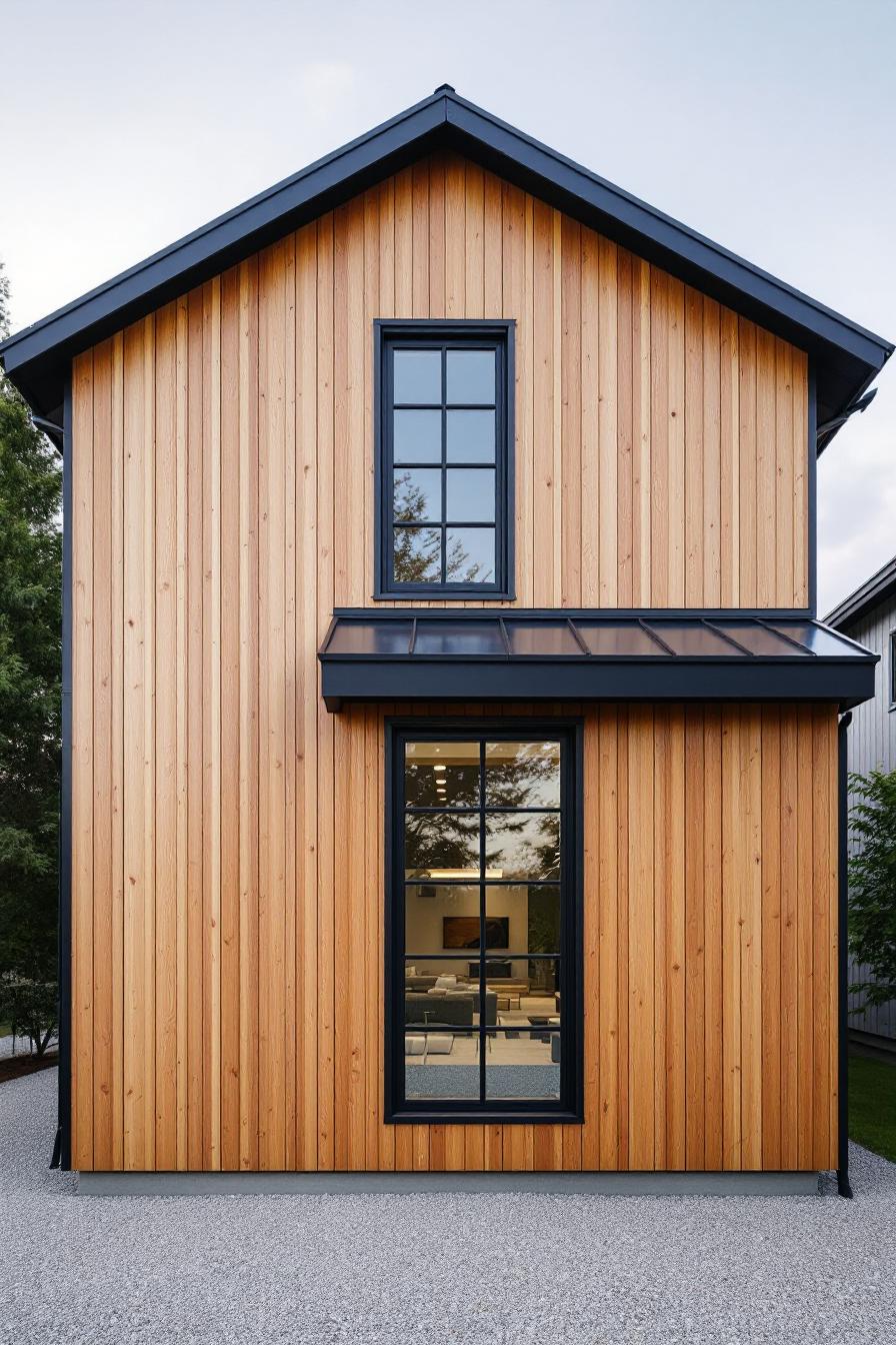 A modern craftsman home with vertical wooden paneling and dark window frames