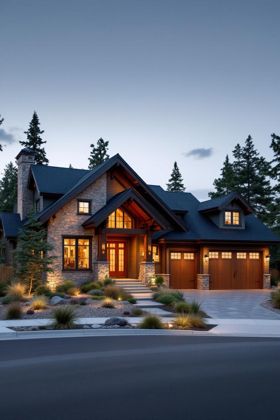 Charming stone and wood Craftsman ranch house at twilight