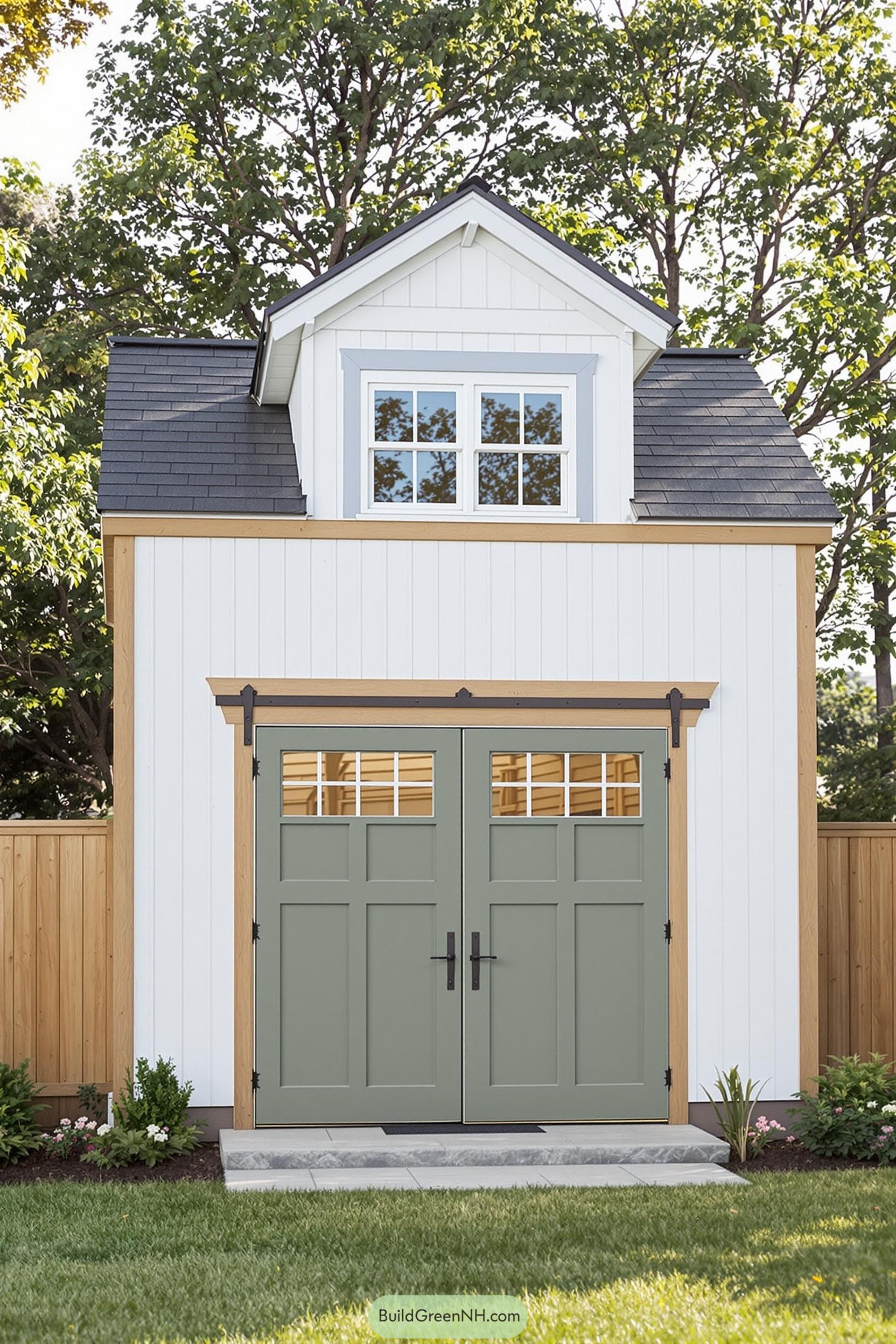 Charming white shed with green doors and dormer windows