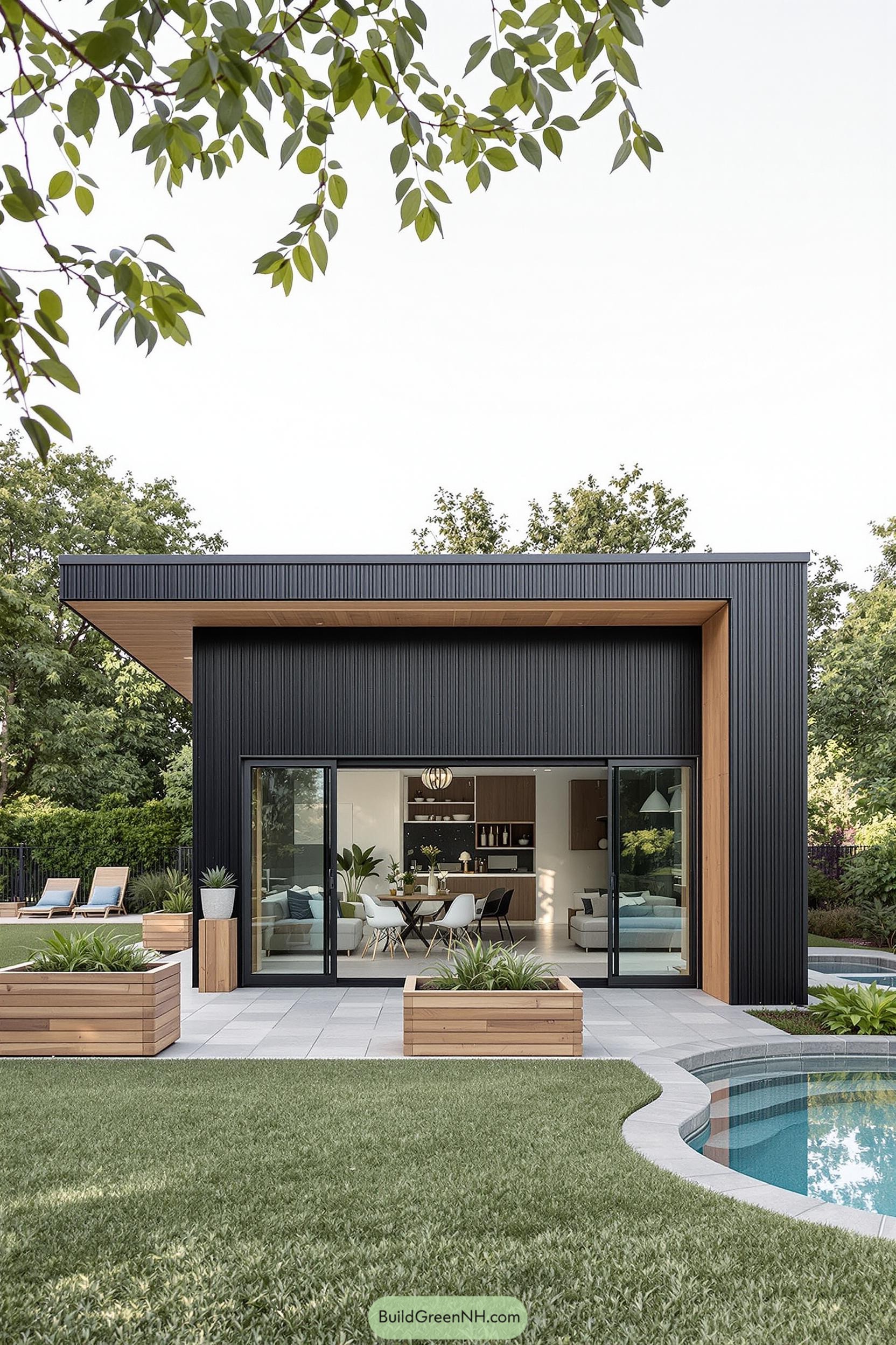 Sleek pool house with large sliding doors