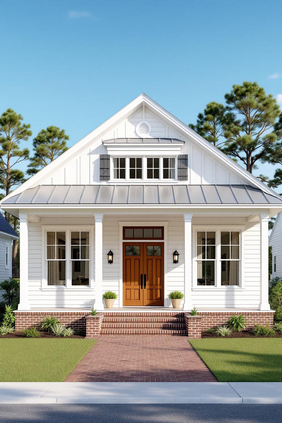 Cozy white house with brick steps and a welcoming porch