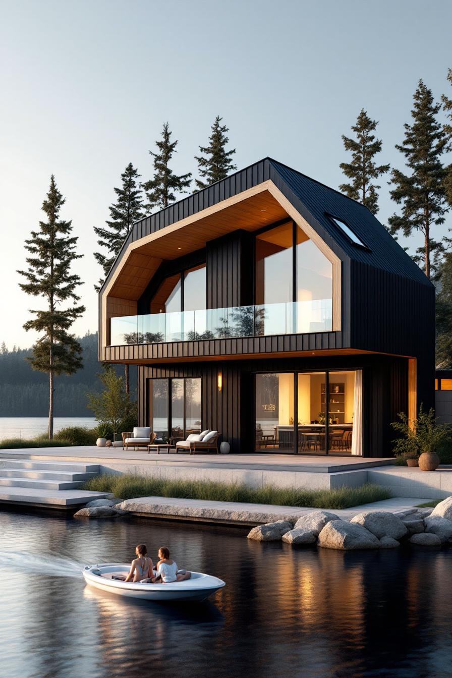 Modern lakeside house with expansive windows and a serene patio