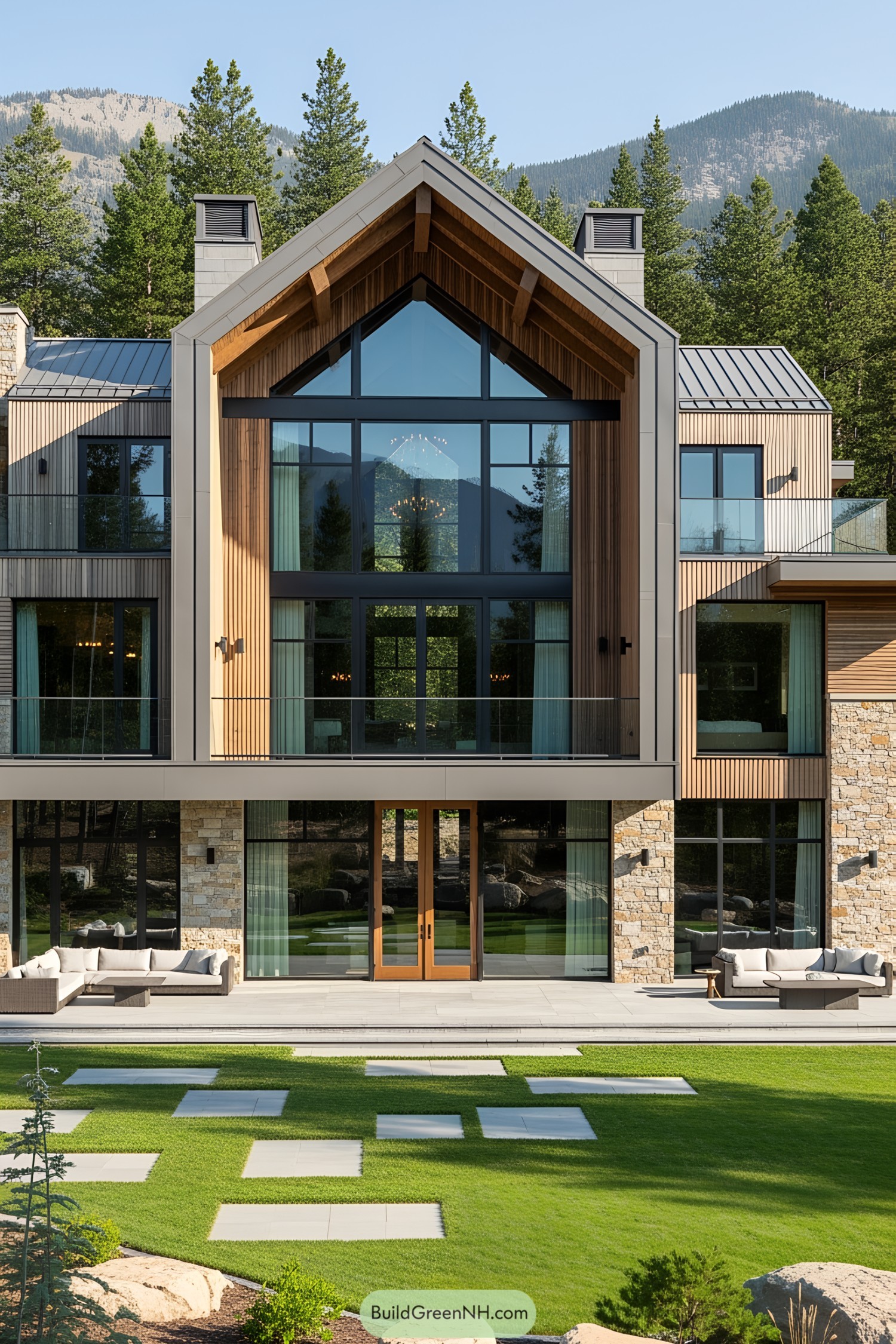 Modern villa with large windows and lush lawn