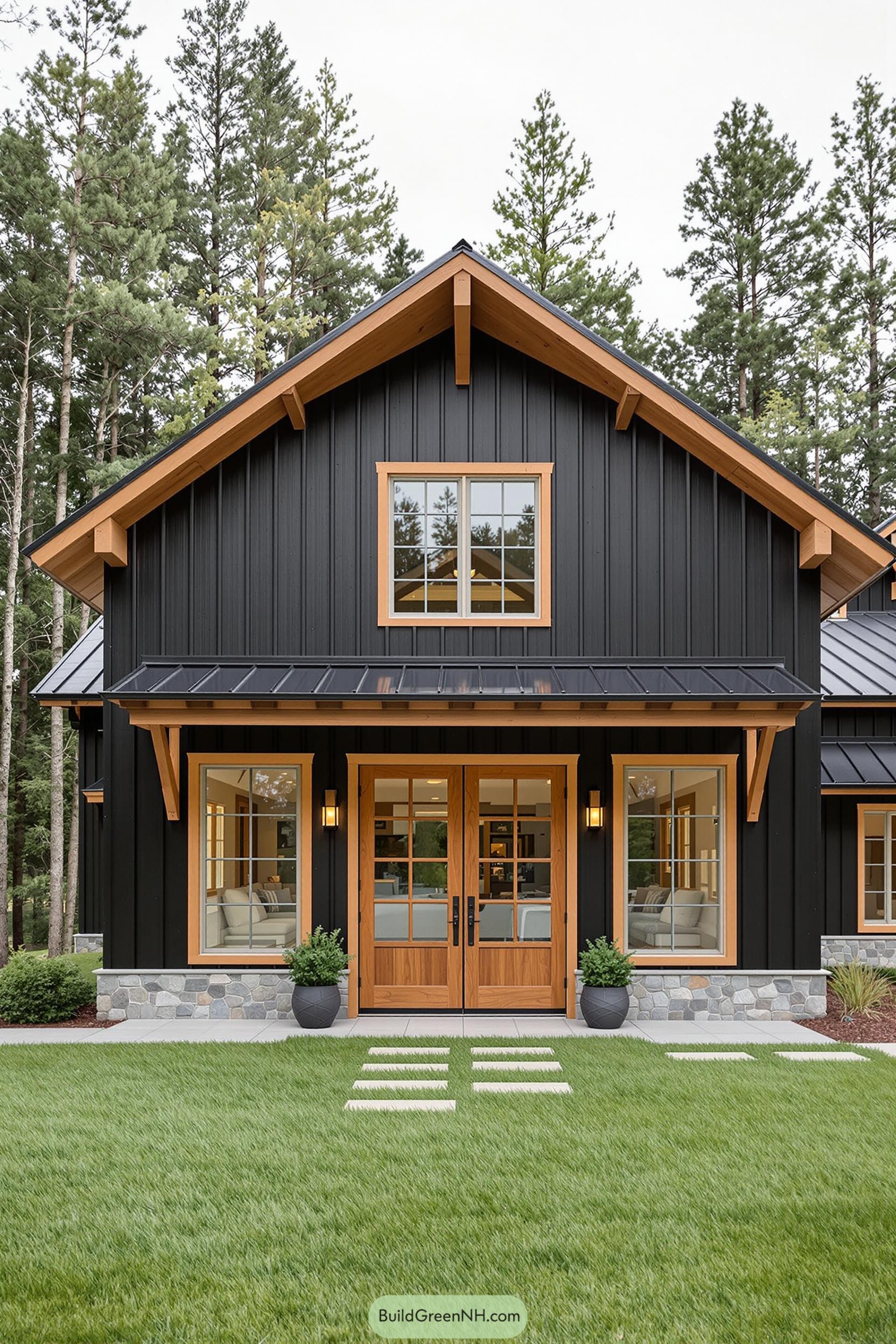 Modern pole barn house with wooden accents
