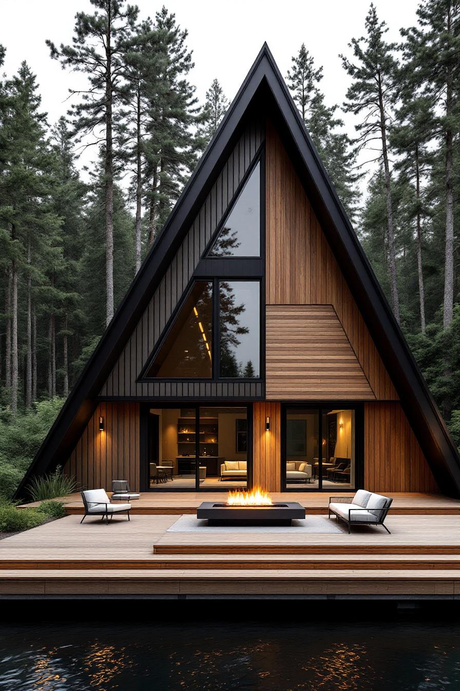 A-frame house beside a river with a wooden deck and a fire pit