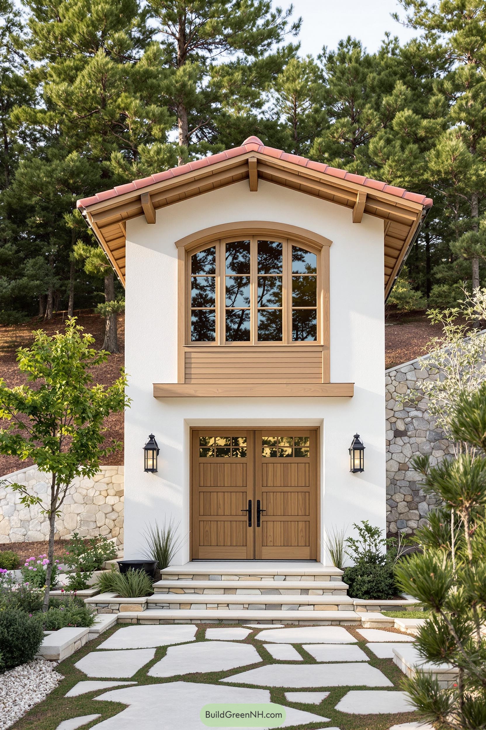 Small Tuscan-style house nestled among tall trees