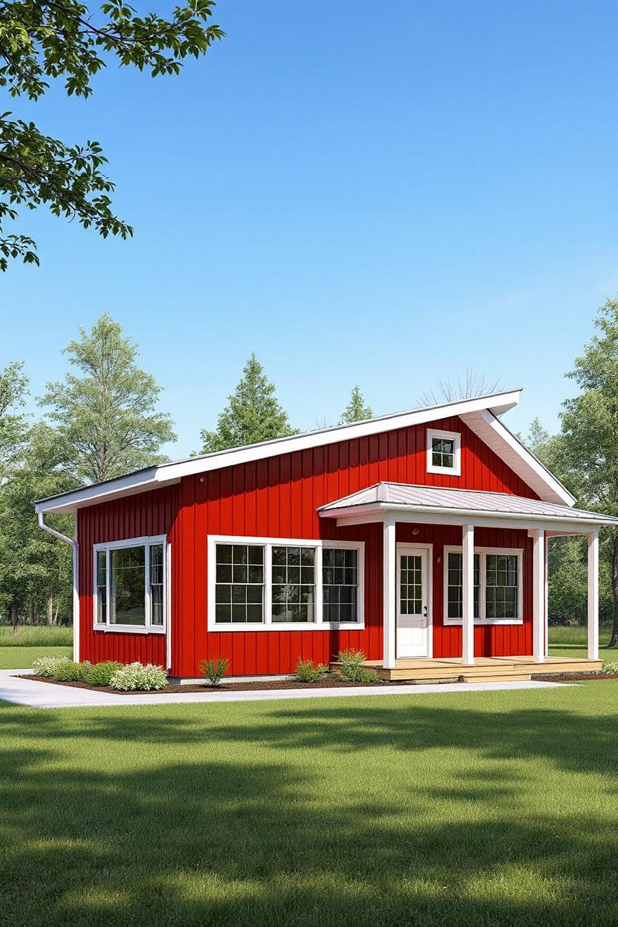 Small red barndominium with white trim on a sunny day