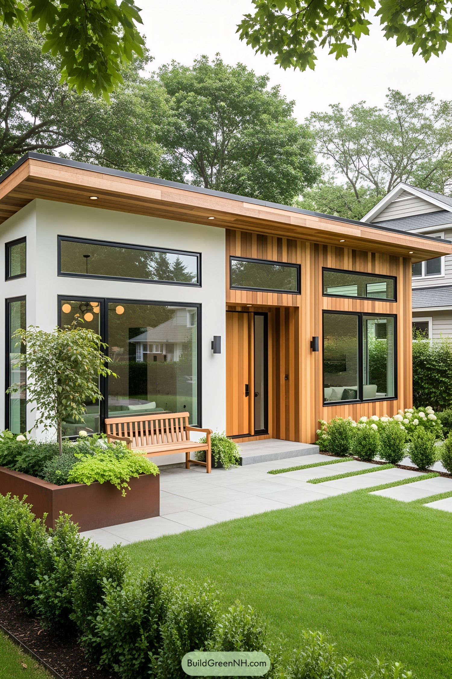 Modern small bungalow with wooden accents