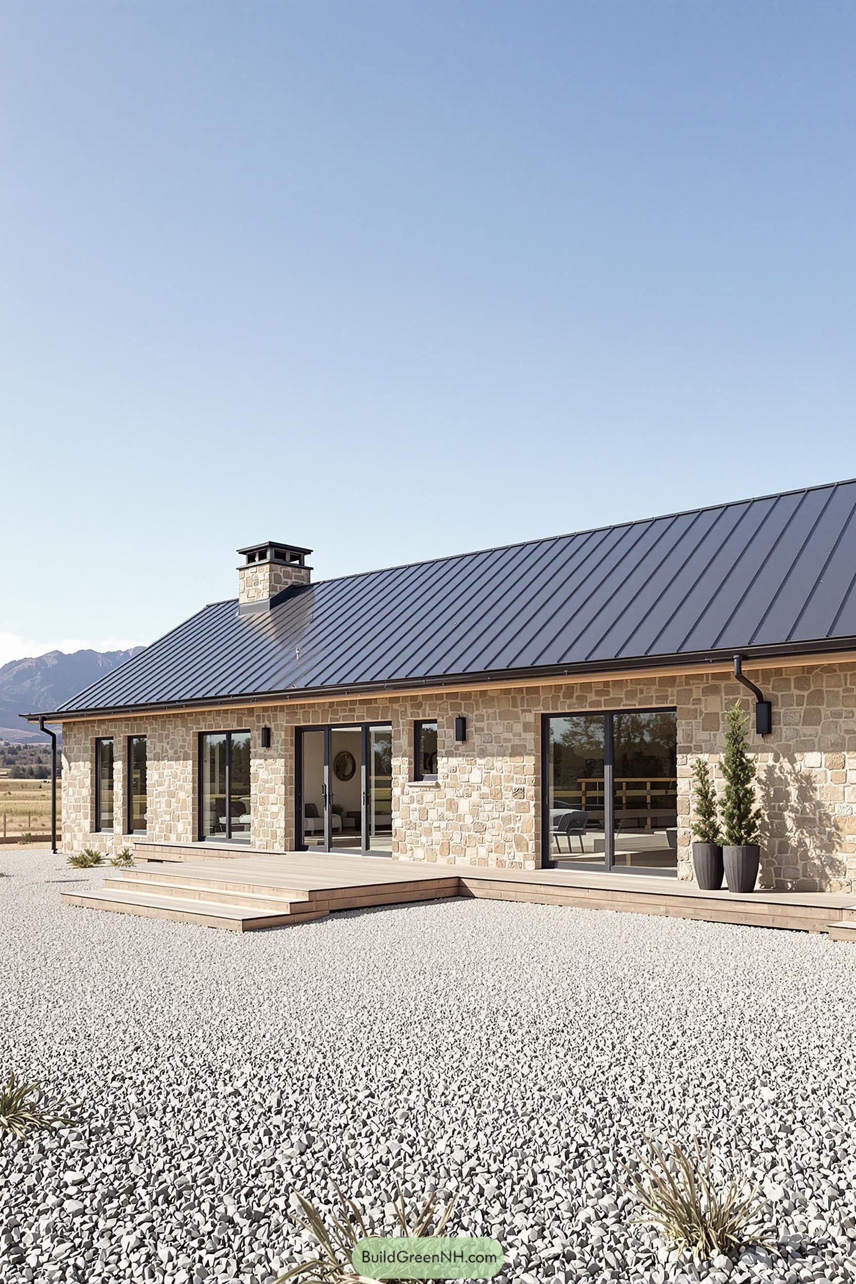 Modern stone farmhouse with gravel courtyard and mountain views