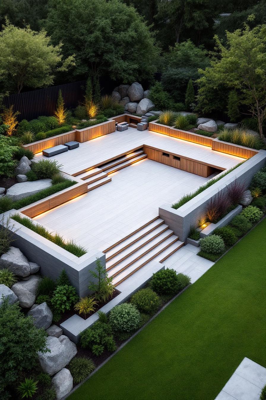A modern sunken courtyard surrounded by greenery
