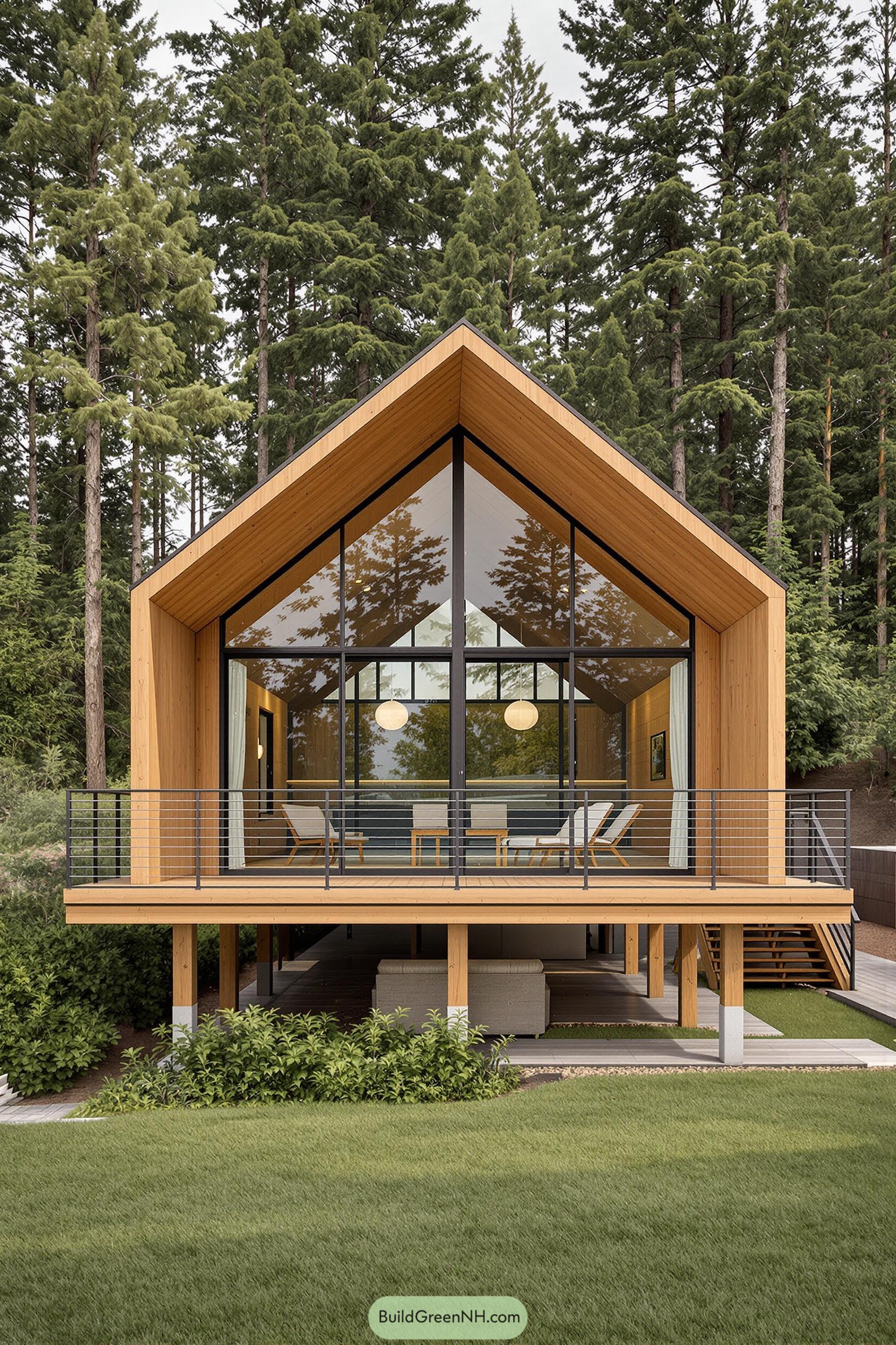 Two-story A-frame cabin surrounded by tall trees
