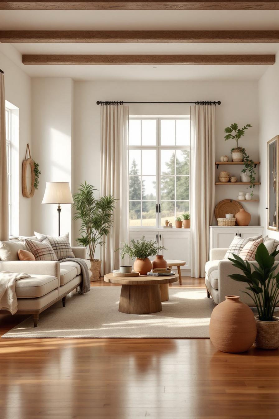 Cozy farmhouse style living room with plants, wood decor, and neutral tones