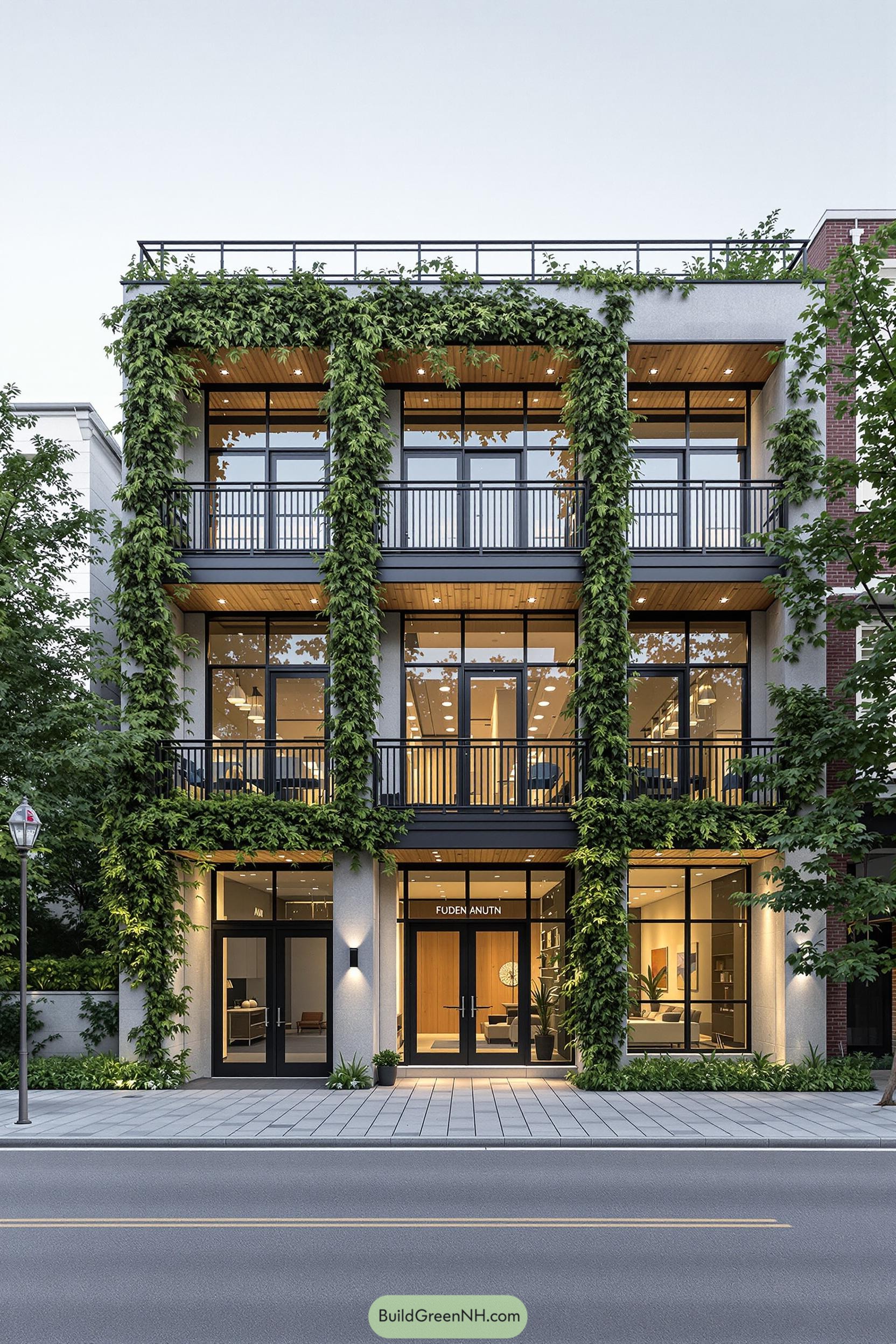 Modern building facade with climbing plants