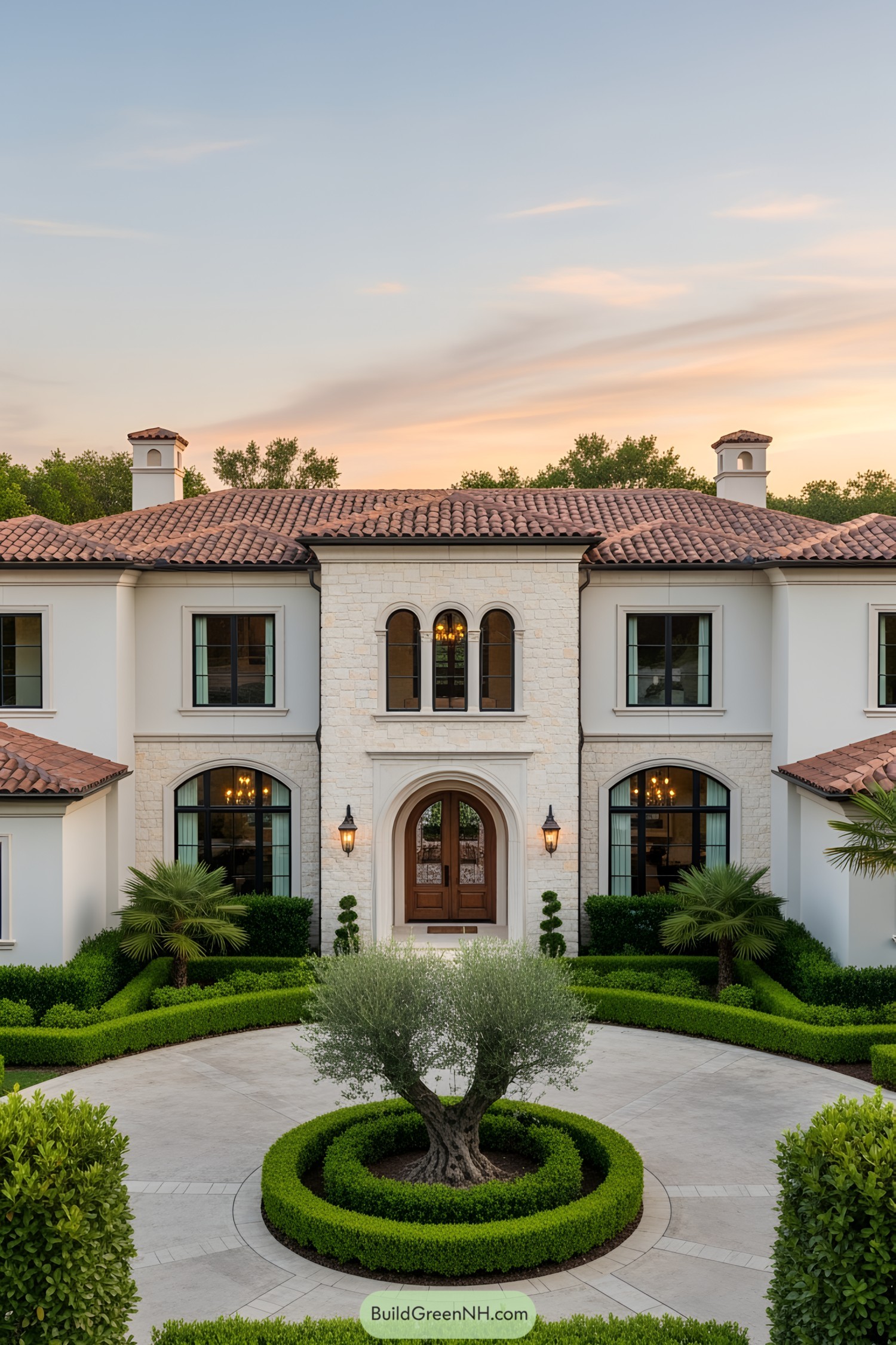 Luxurious Mediterranean-style house with arched doors and lush landscaping