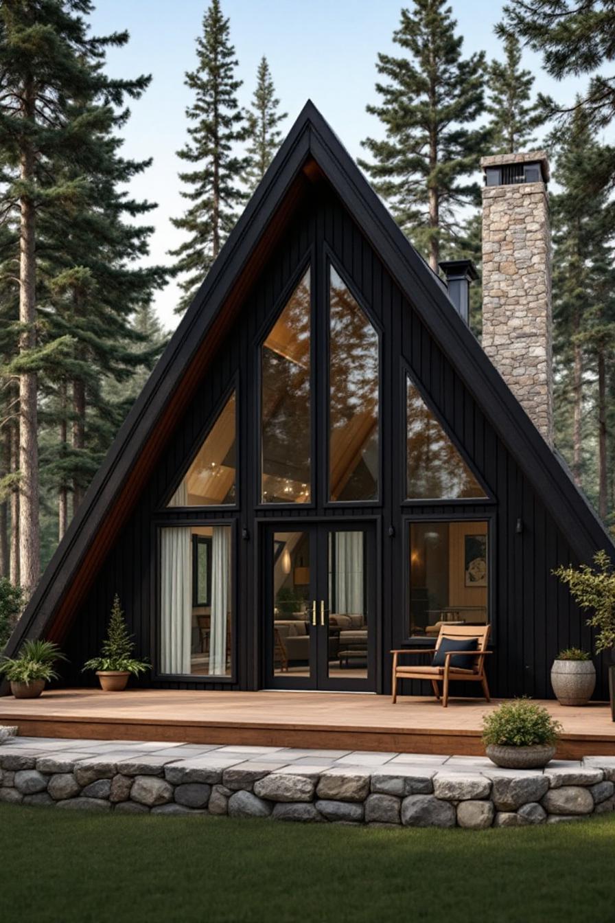 Cozy A-frame cabin with large windows and a stone chimney