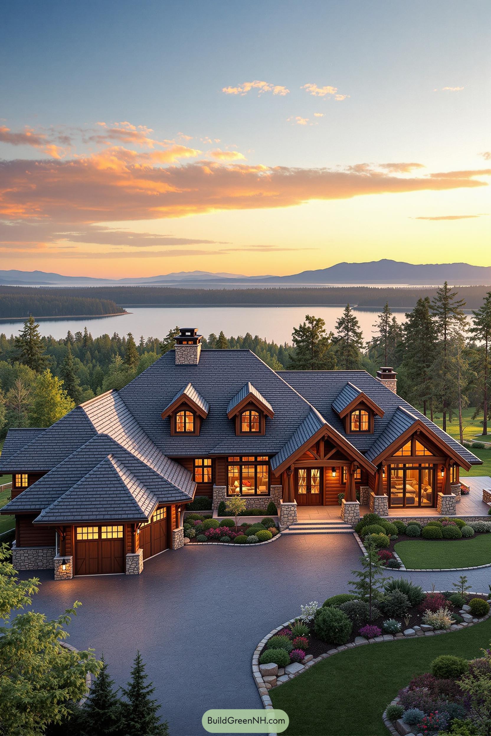 Sprawling wood and stone ranch home near a lake