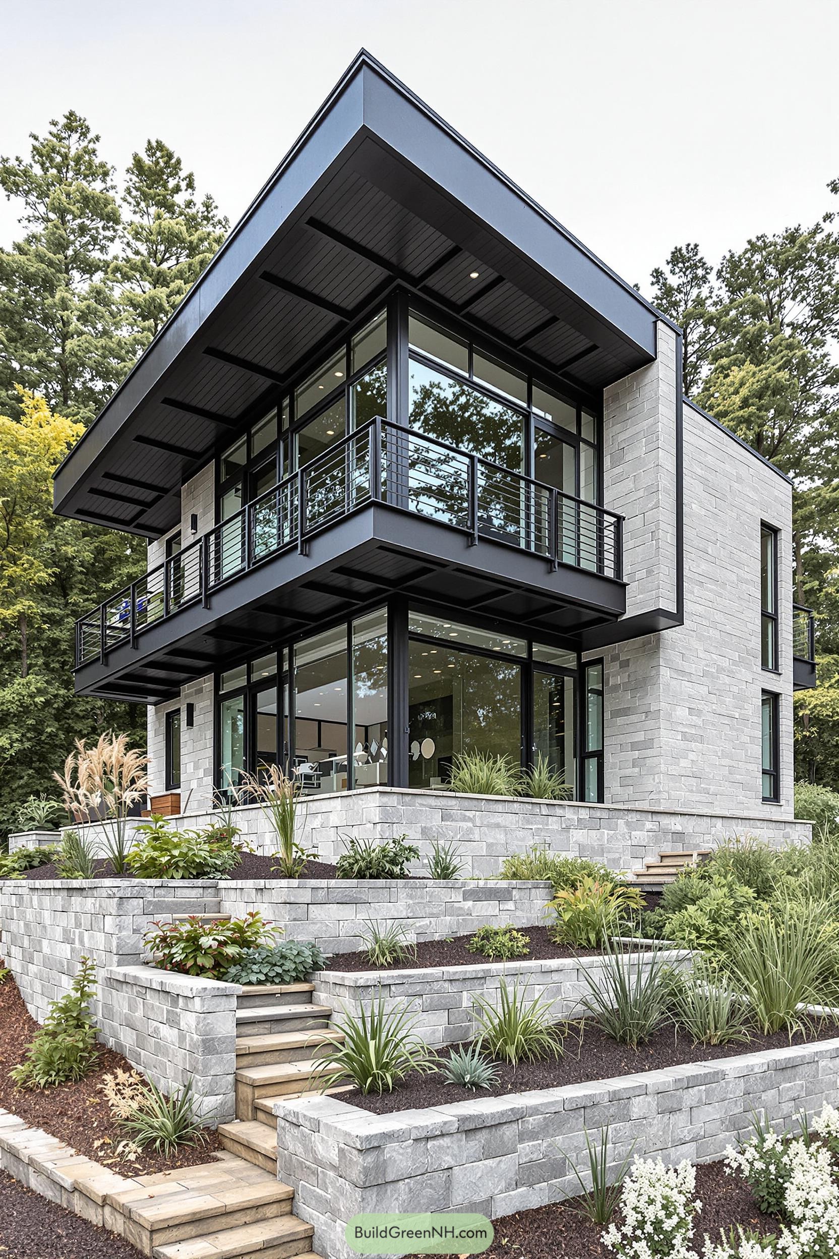 Modern cube house with large windows and tiered stone landscaping