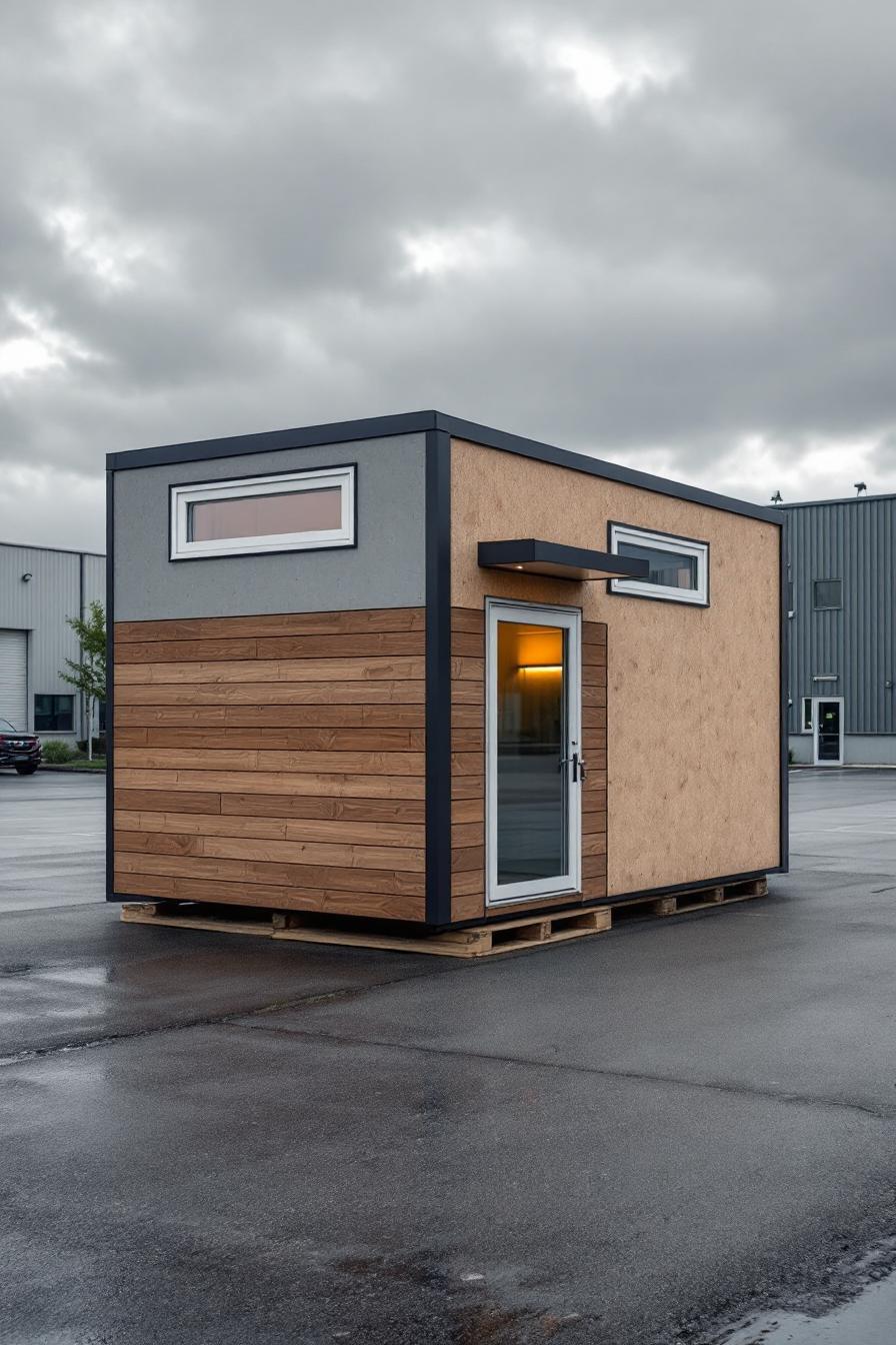 Compact cubic house with mixed materials in an industrial setting