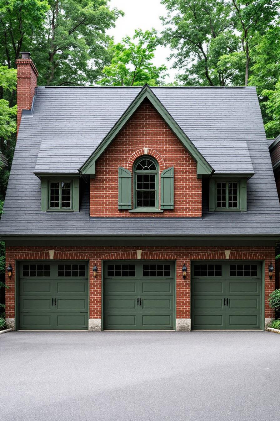 Red brick house with green garage doors and shutters