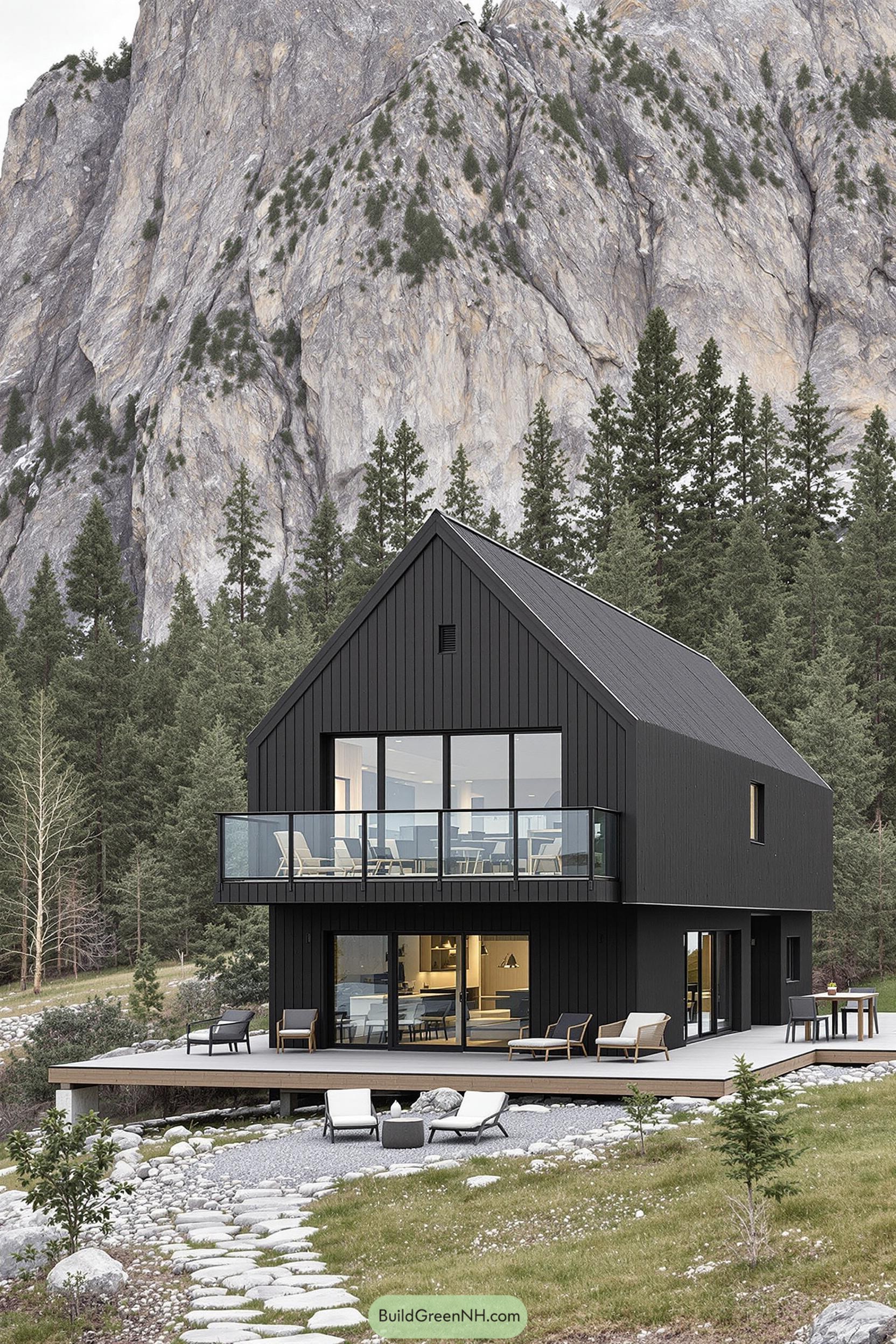 Sleek black barn-style house with glass balcony