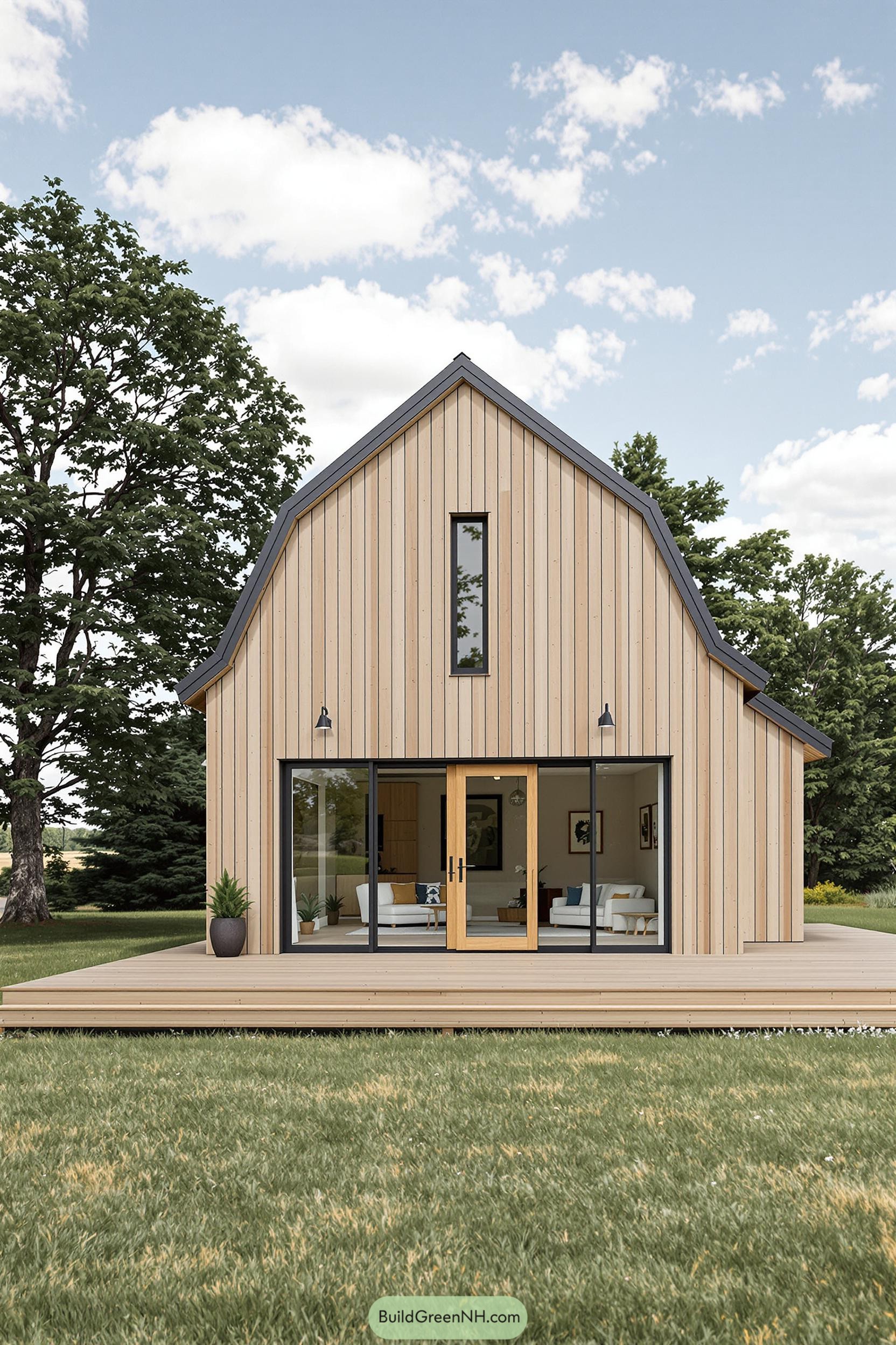 A charming barn-style house with large glass doors