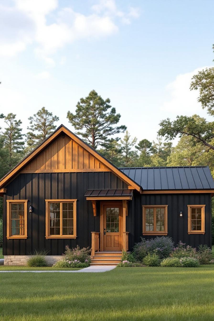 Small wooden cabin with dark siding and warm accents