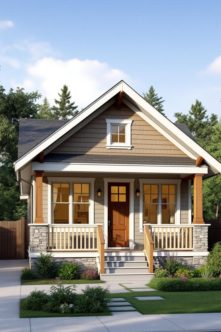 Cozy bungalow with a porch surrounded by greenery