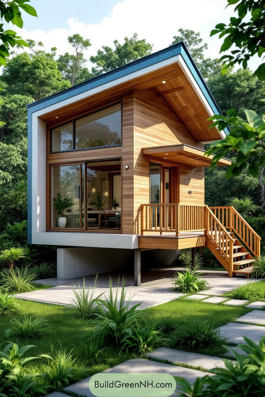 Contemporary small house with sloped roof in lush greenery