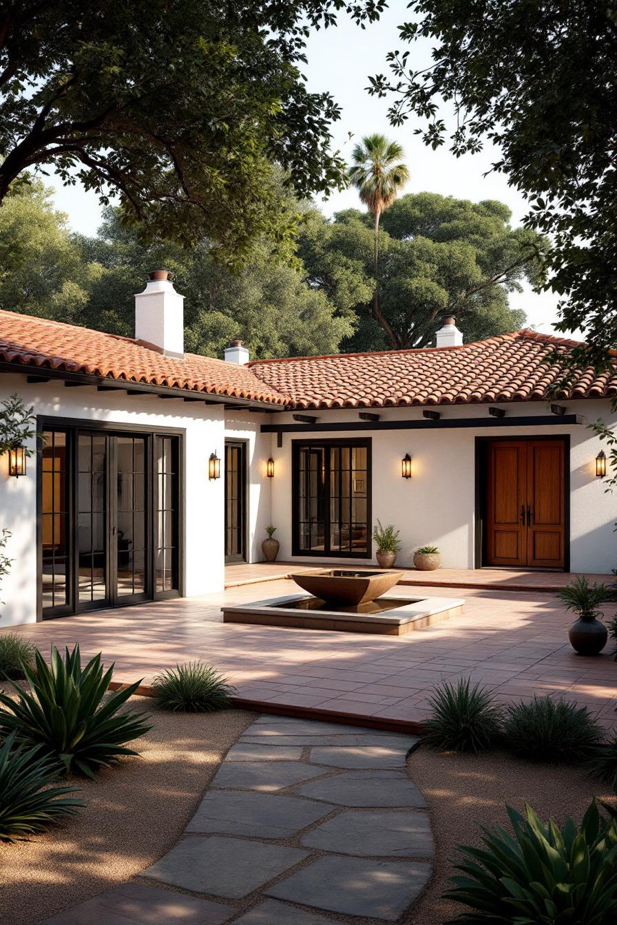 Sunny courtyard with terracotta tiles and lush greenery