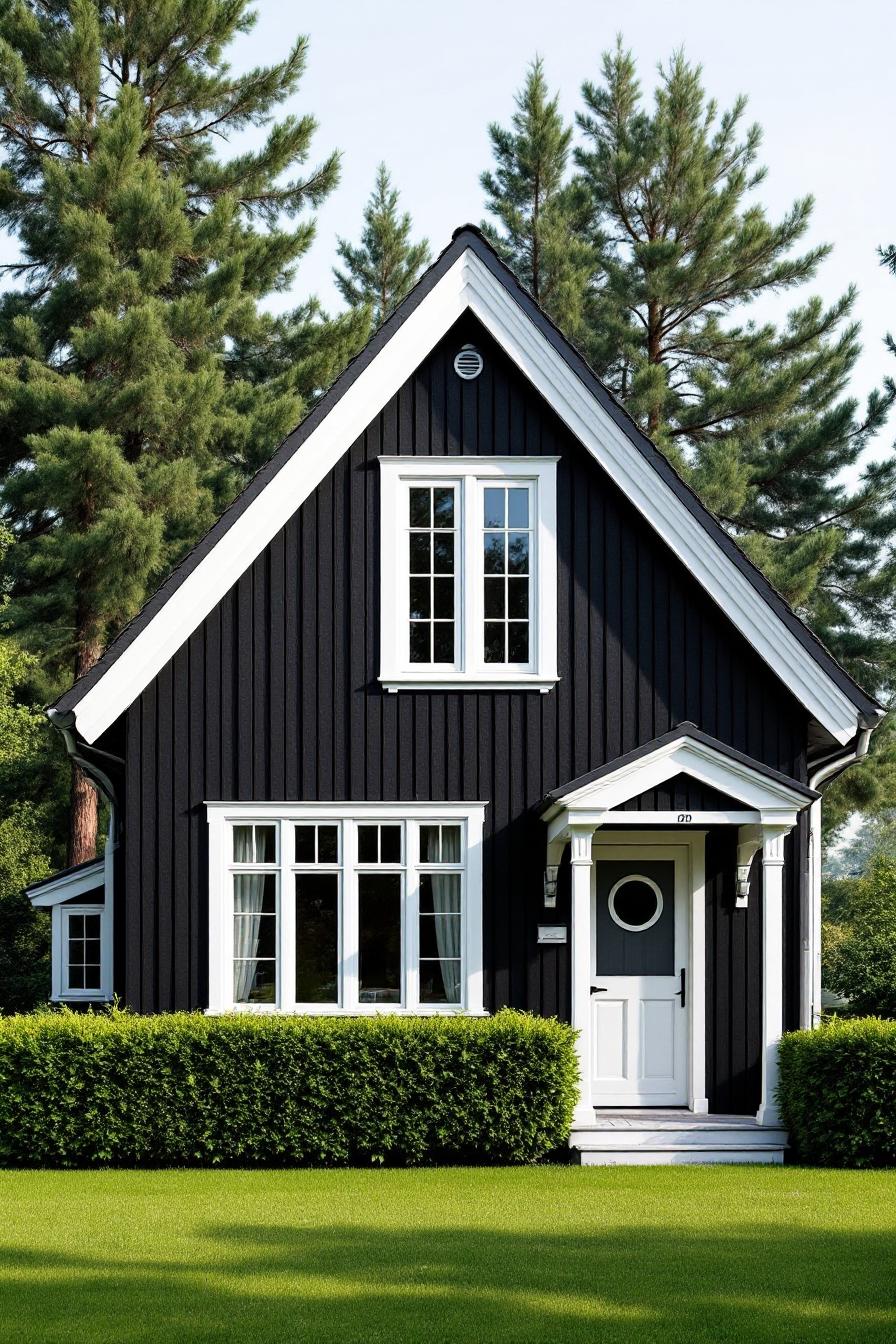 Black Swedish cottage with white trim and lush surroundings