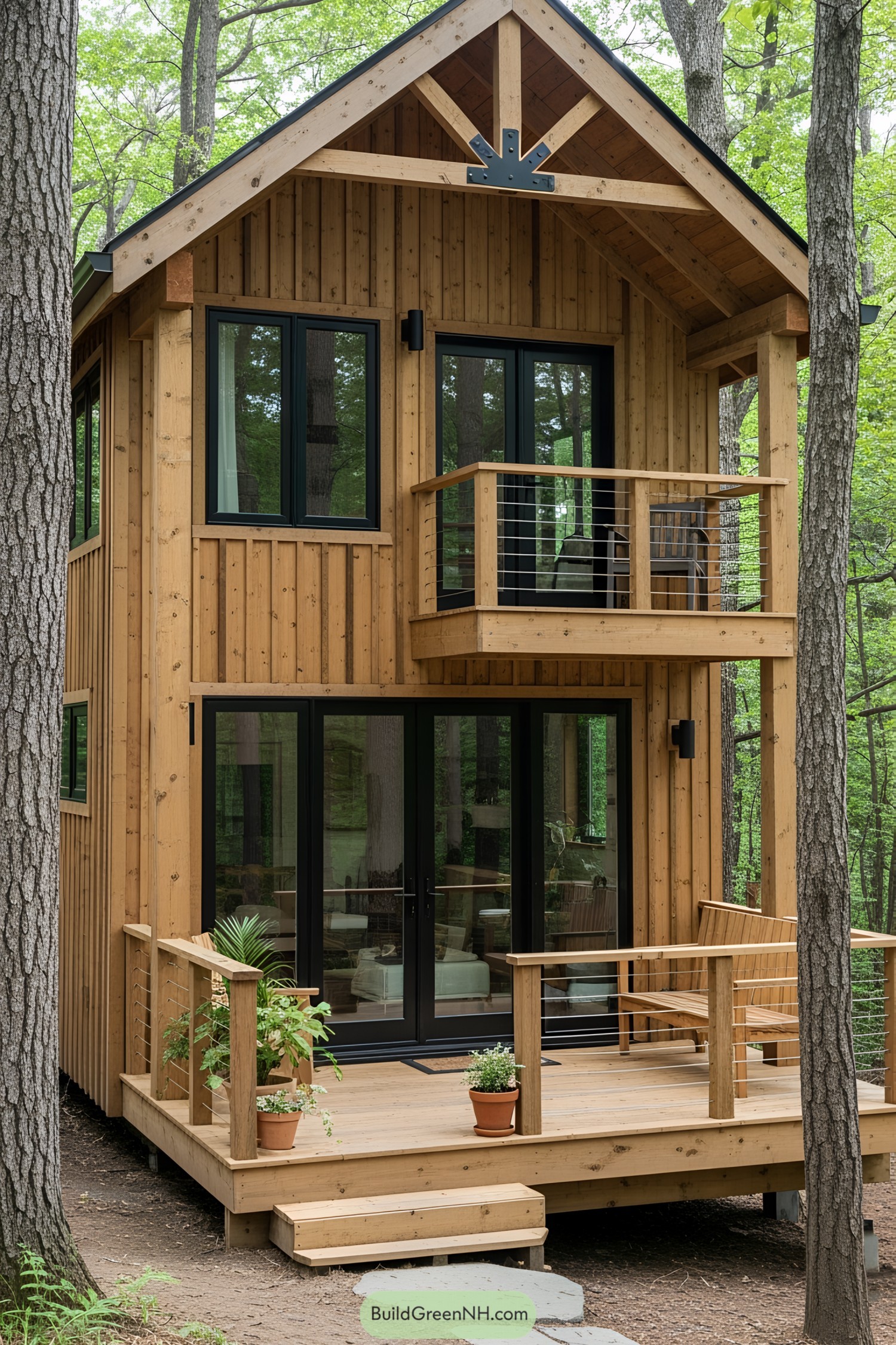Rustic tiny house with a wooden balcony