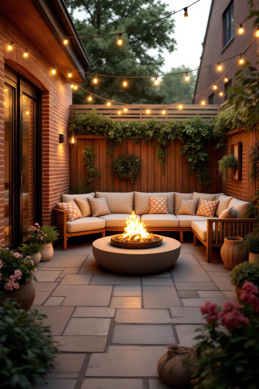 Charming courtyard with string lights and a fire pit