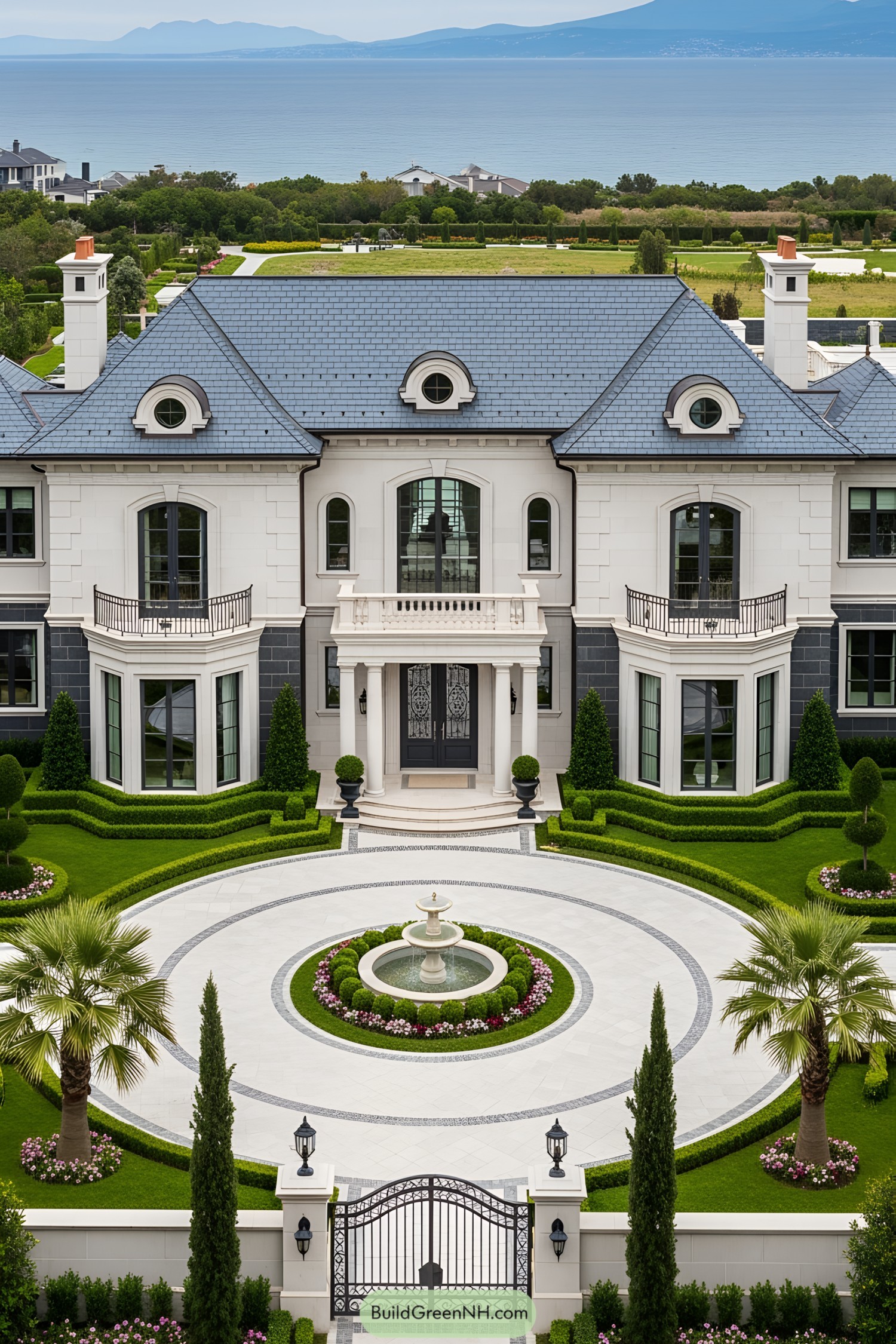 Grand estate with manicured gardens and ocean view